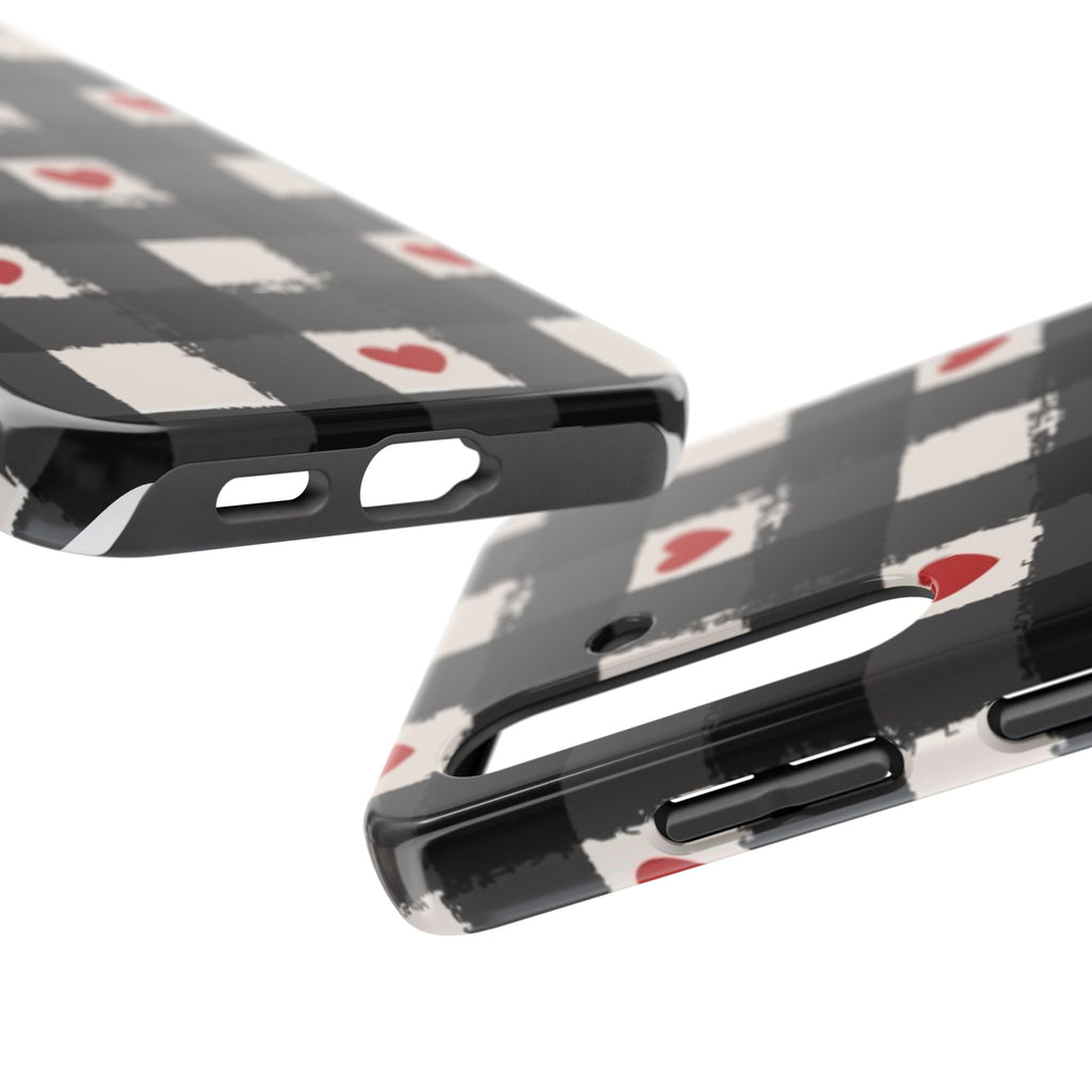 Black Buffalo Plaid Phone Case with Red Hearts