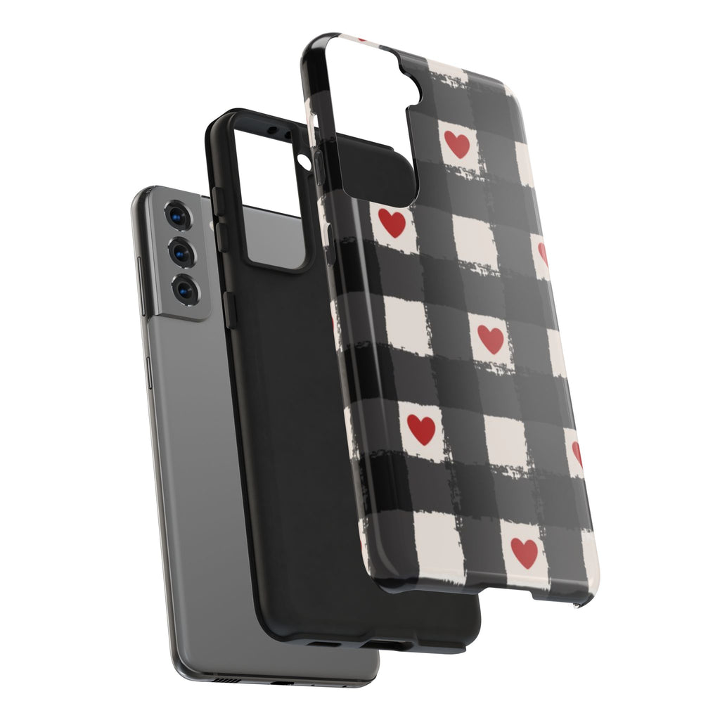 Black Buffalo Plaid Phone Case with Red Hearts