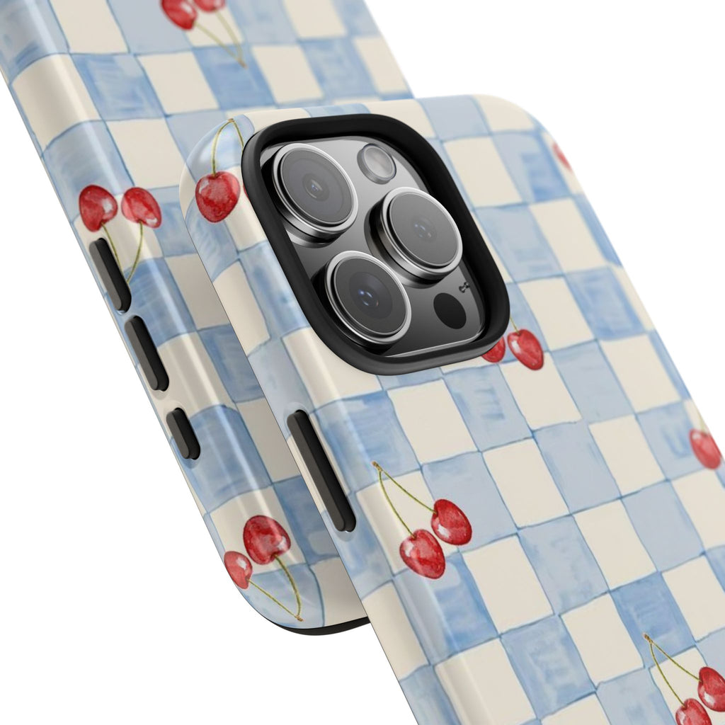 Retro Blue Plaid Cherry Pattern Phone Case
