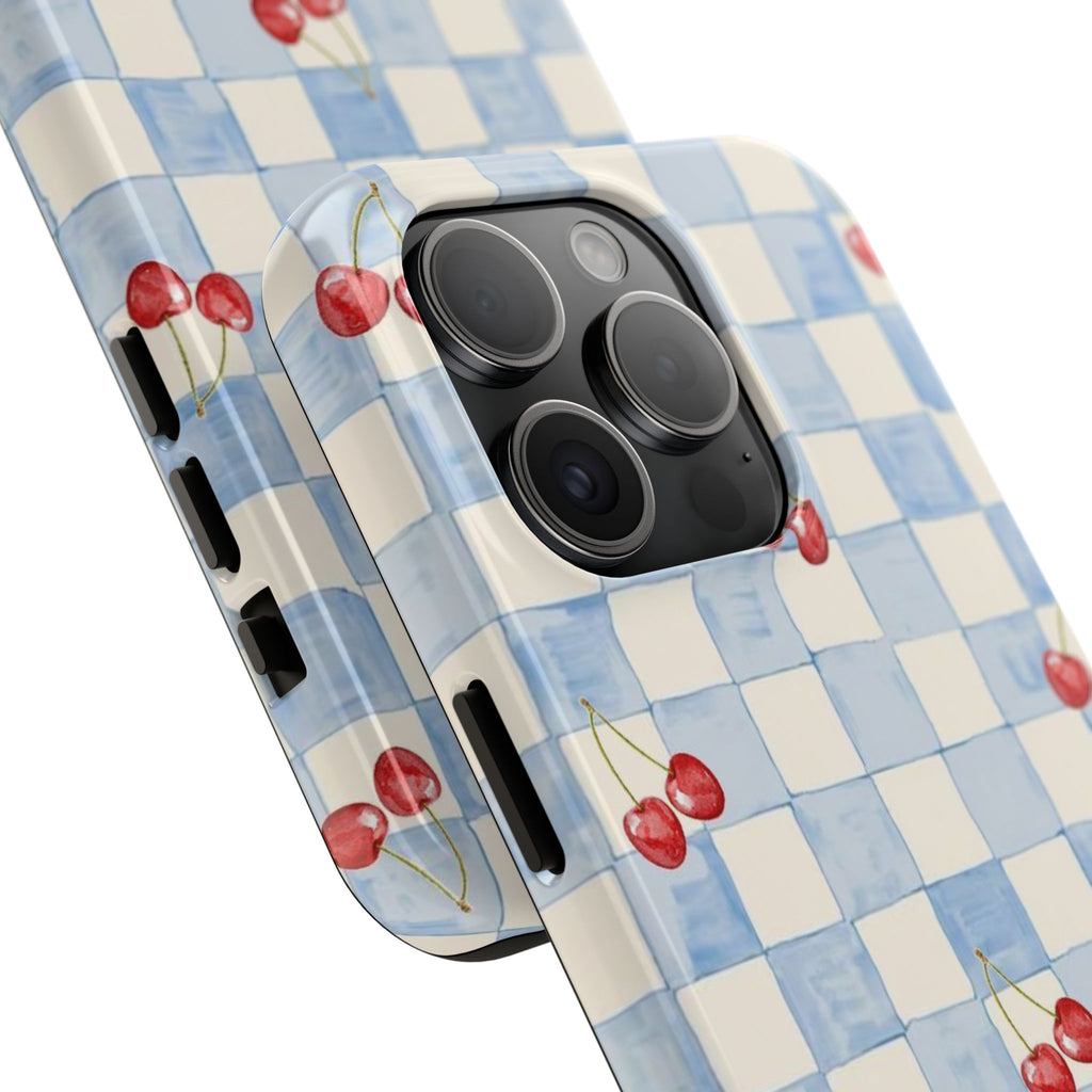 Retro Blue Plaid Cherry Pattern Phone Case