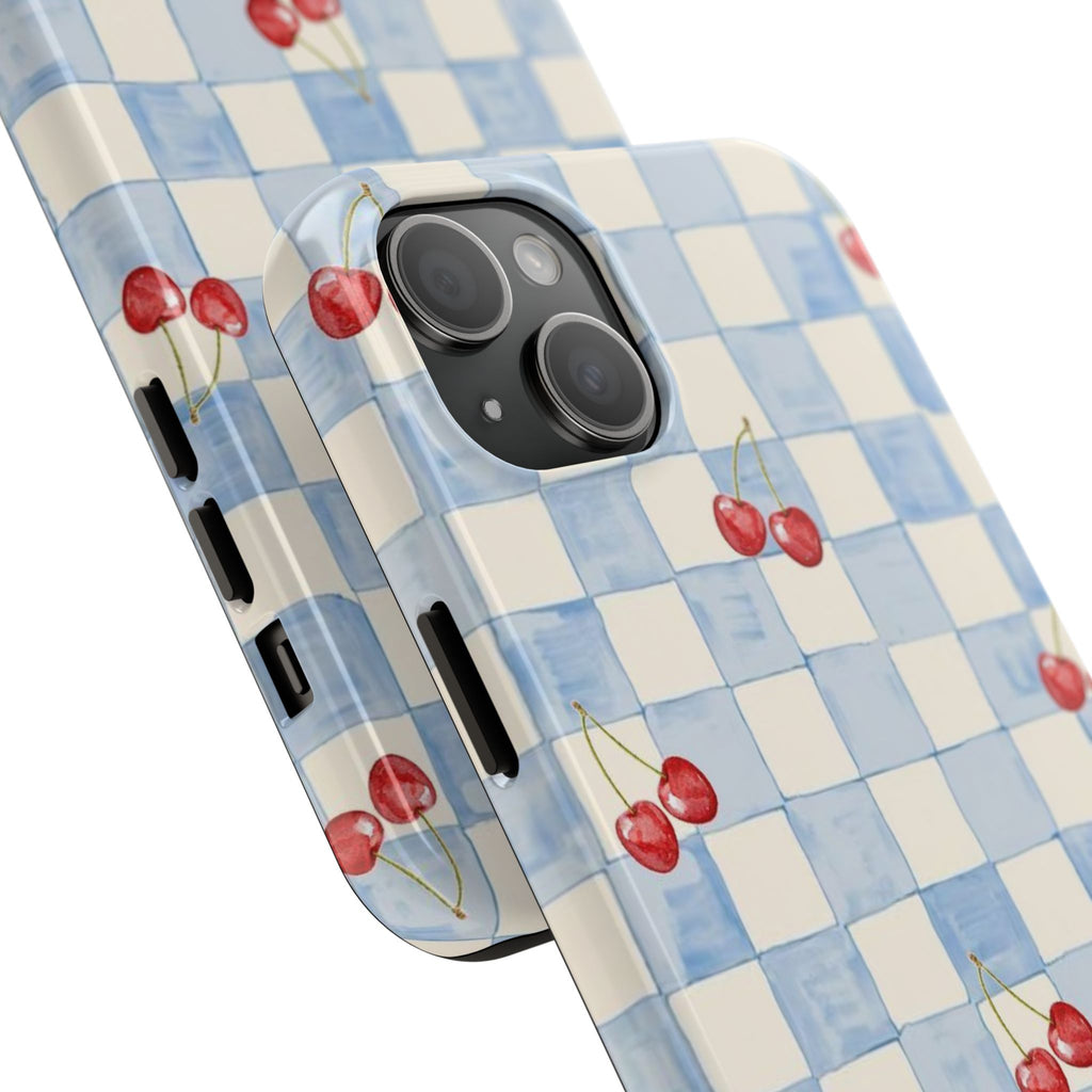 Retro Blue Plaid Cherry Pattern Phone Case