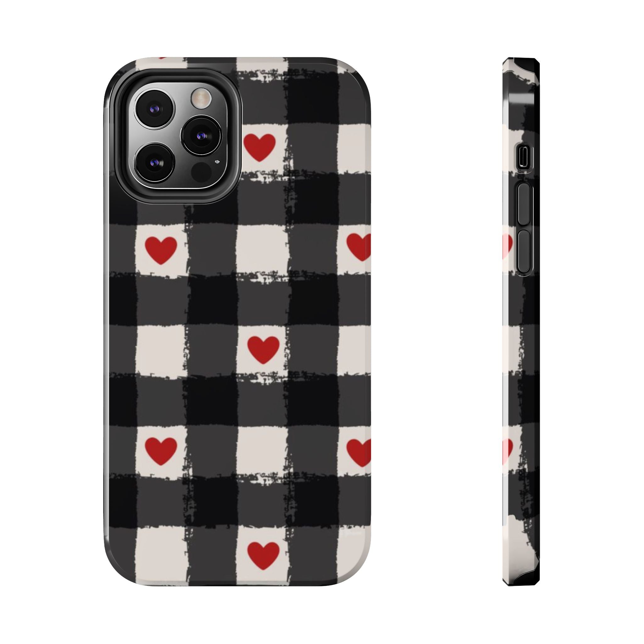 Black Buffalo Plaid Phone Case with Red Hearts