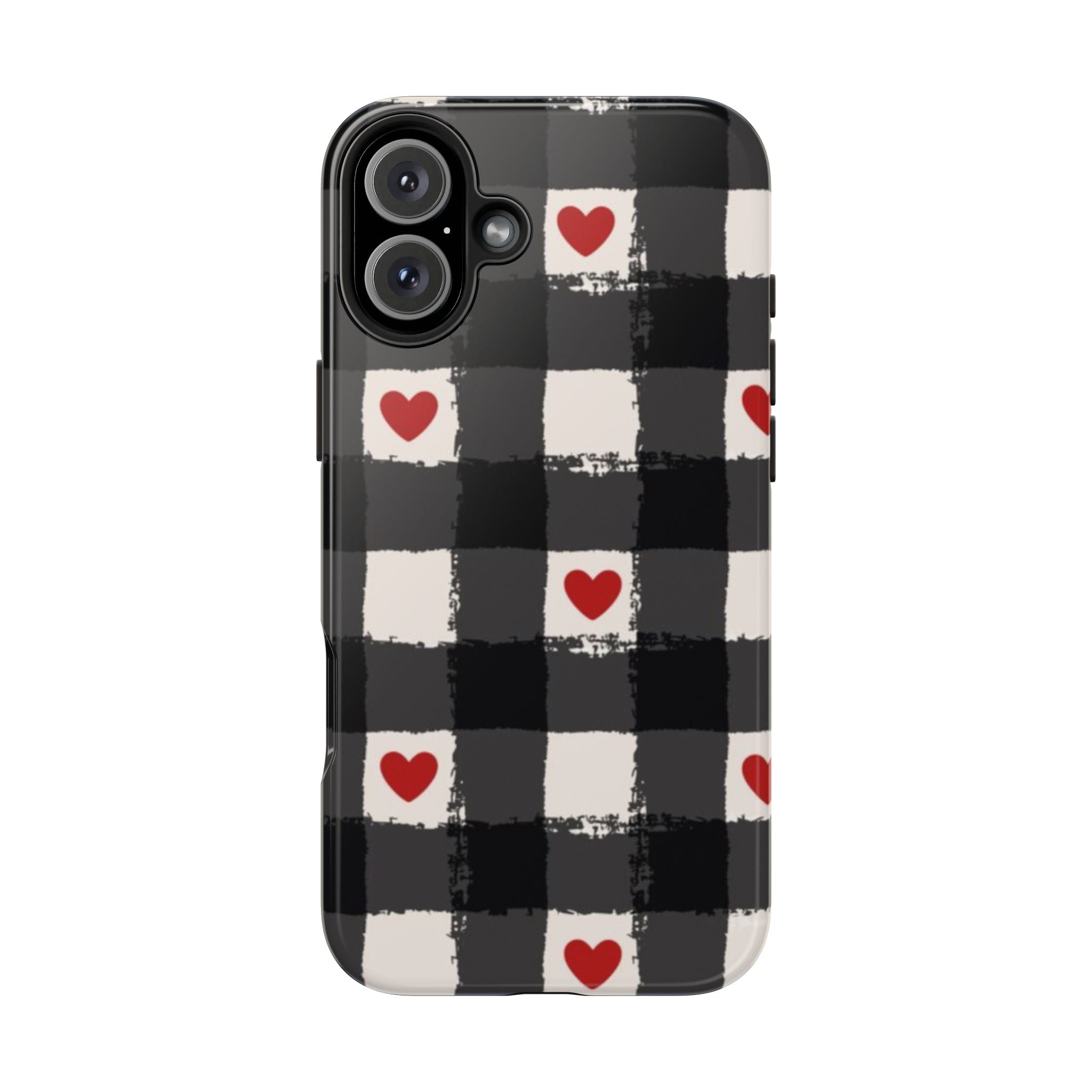 Black Buffalo Plaid Phone Case with Red Hearts