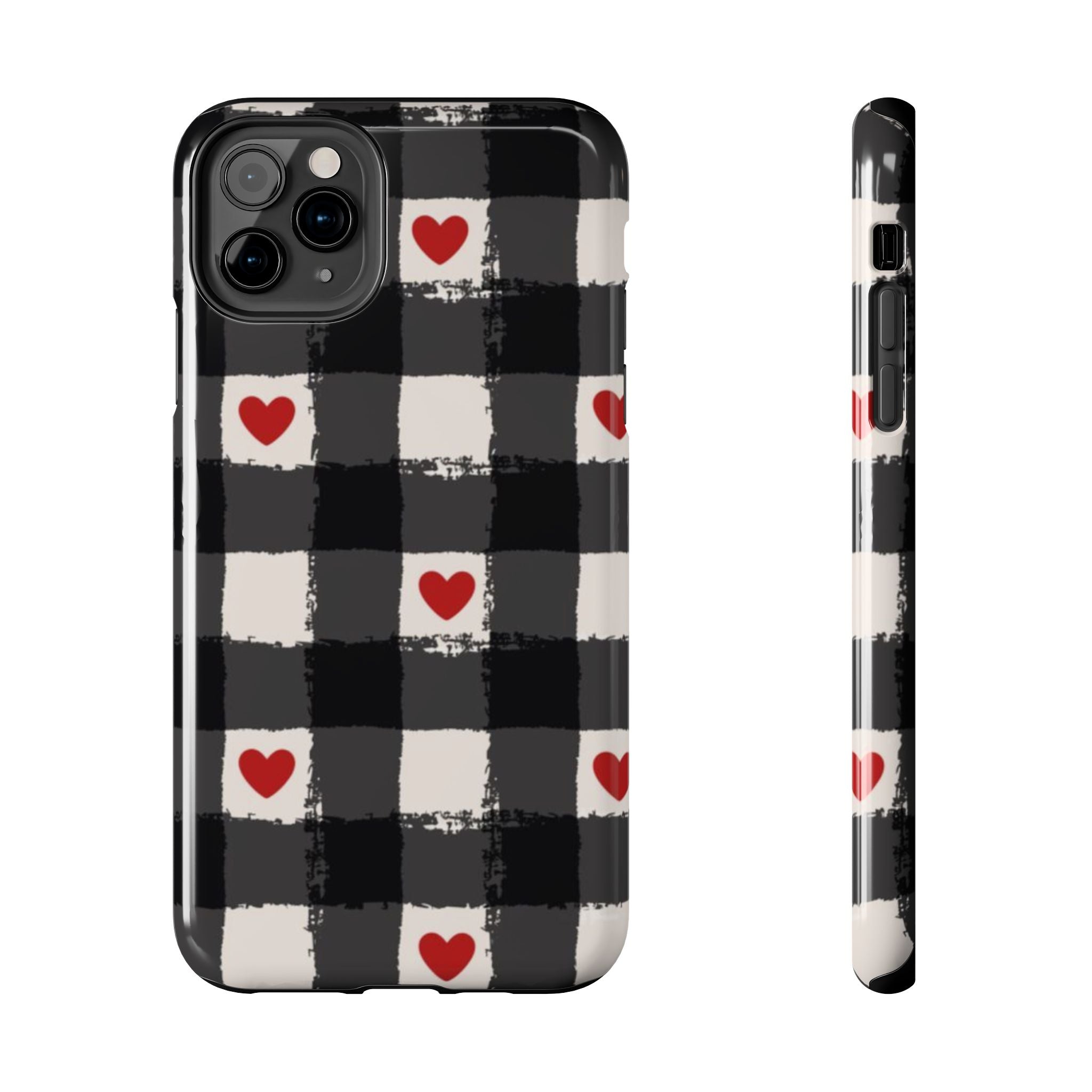 Black Buffalo Plaid Phone Case with Red Hearts