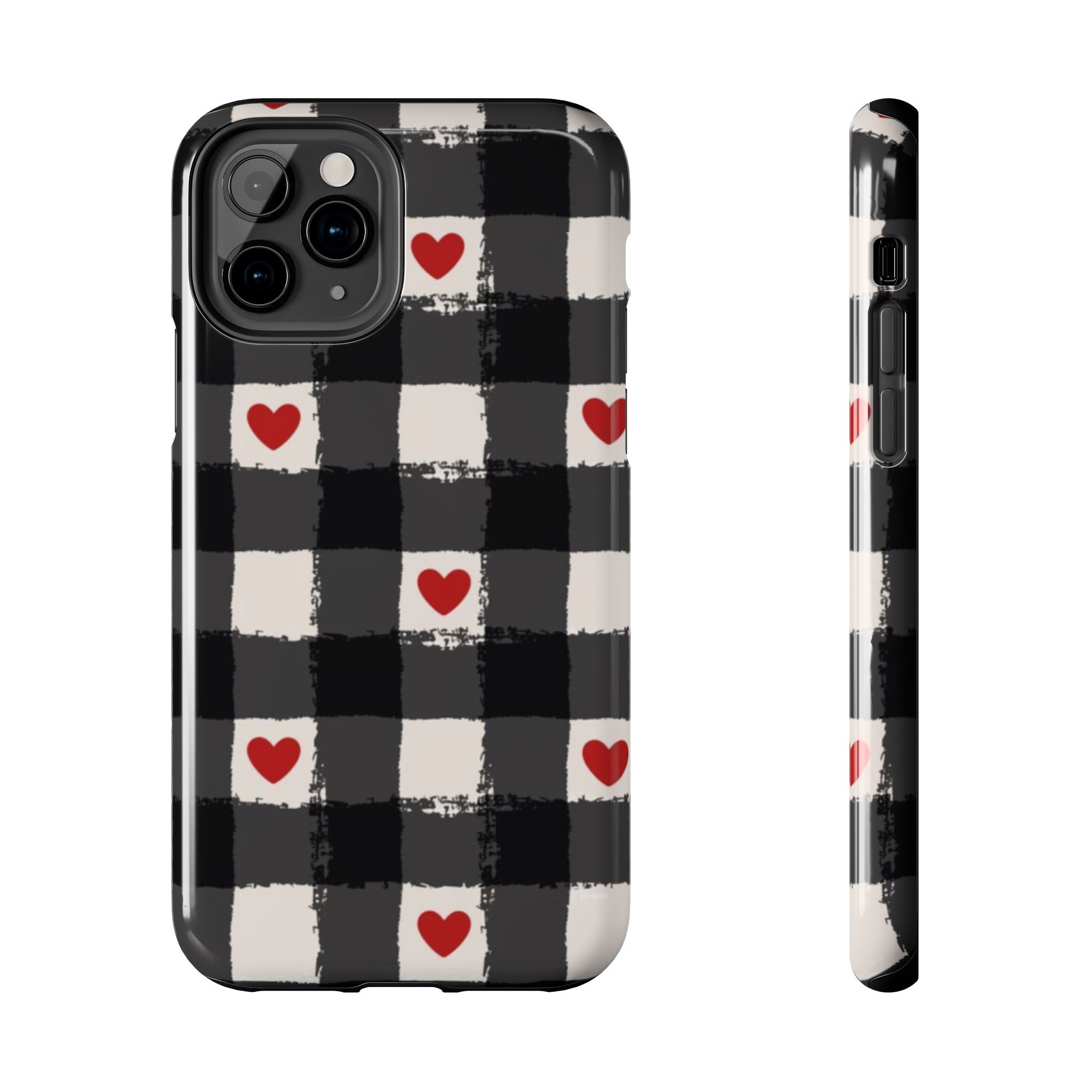 Black Buffalo Plaid Phone Case with Red Hearts