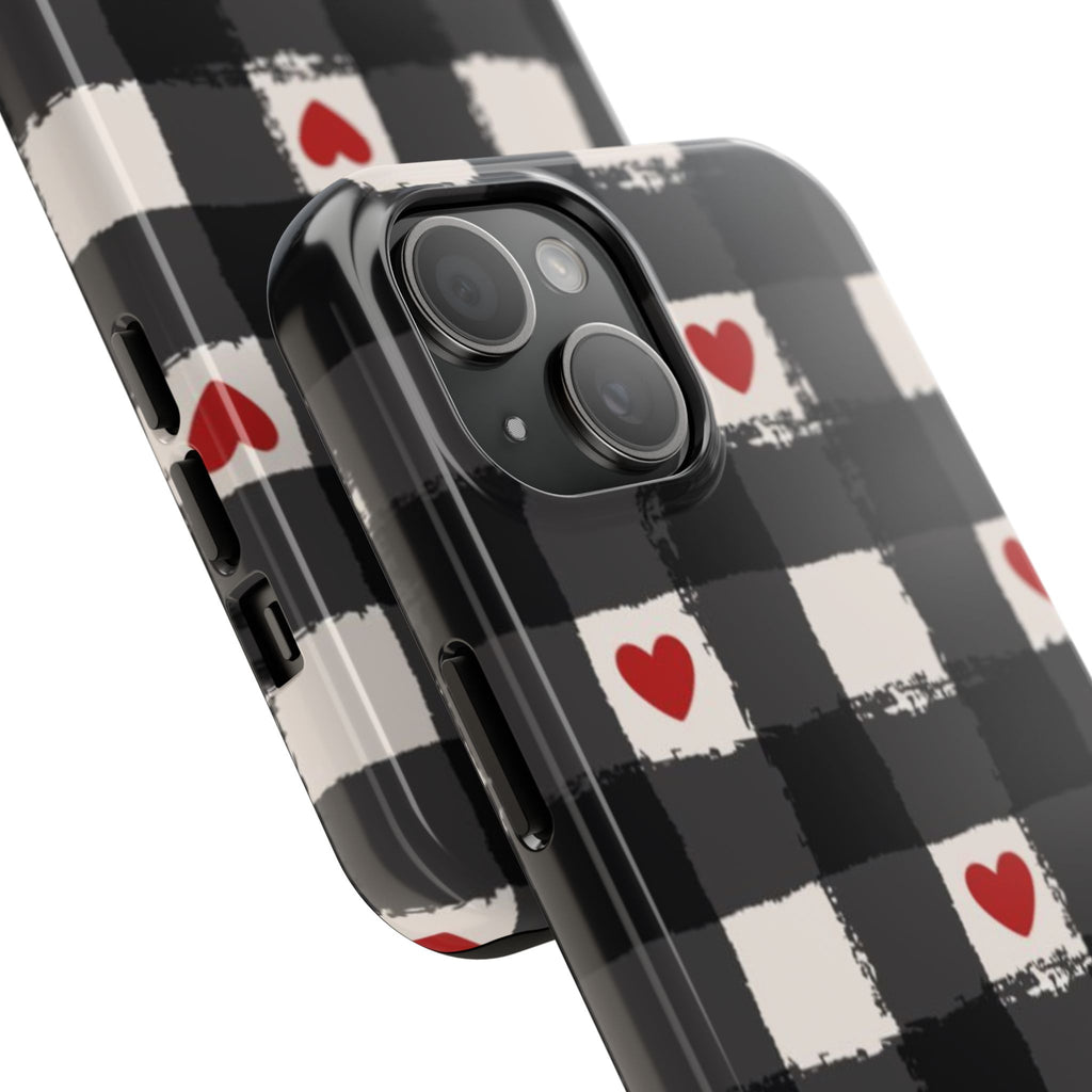 Black Buffalo Plaid Phone Case with Red Hearts