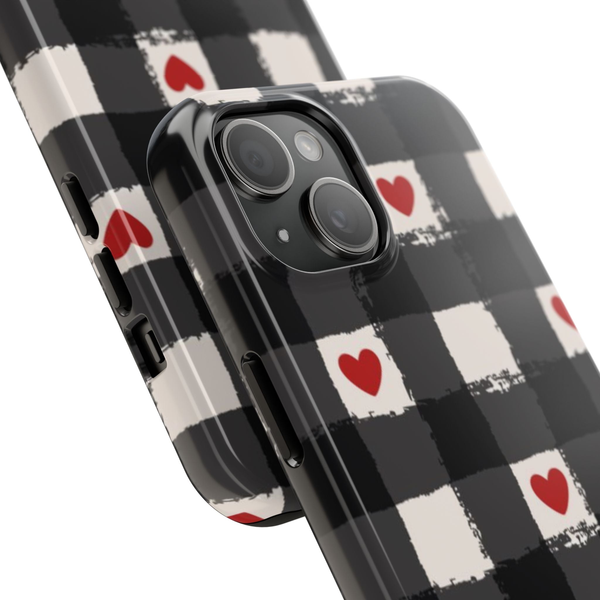 Black Buffalo Plaid Phone Case with Red Hearts