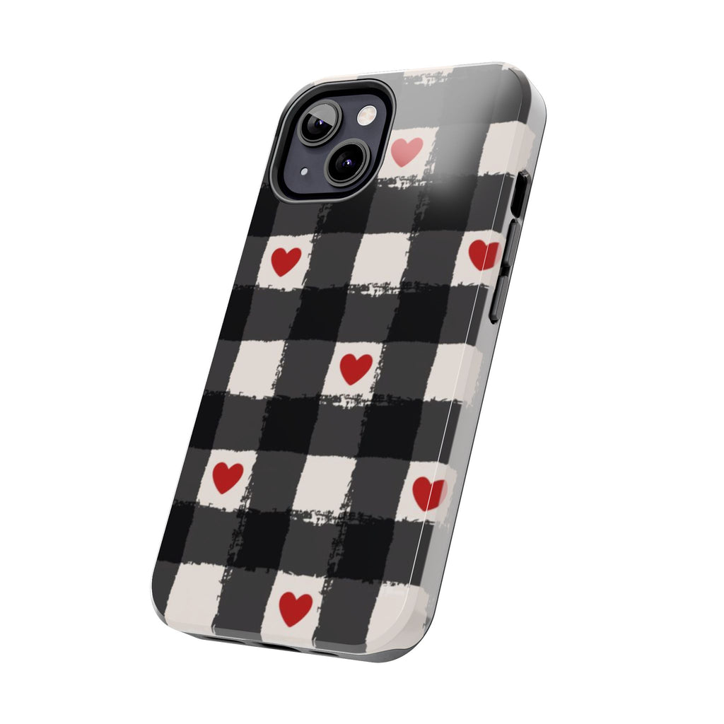 Black Buffalo Plaid Phone Case with Red Hearts