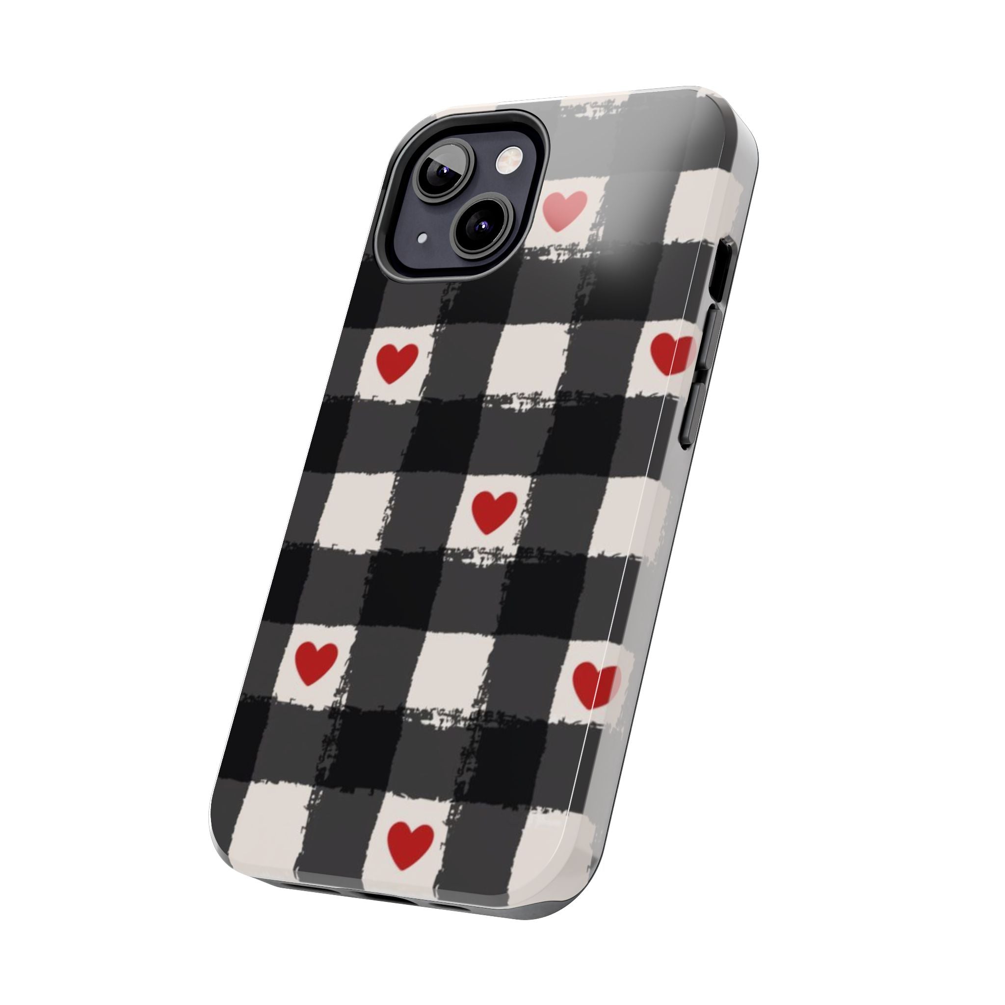 Black Buffalo Plaid Phone Case with Red Hearts