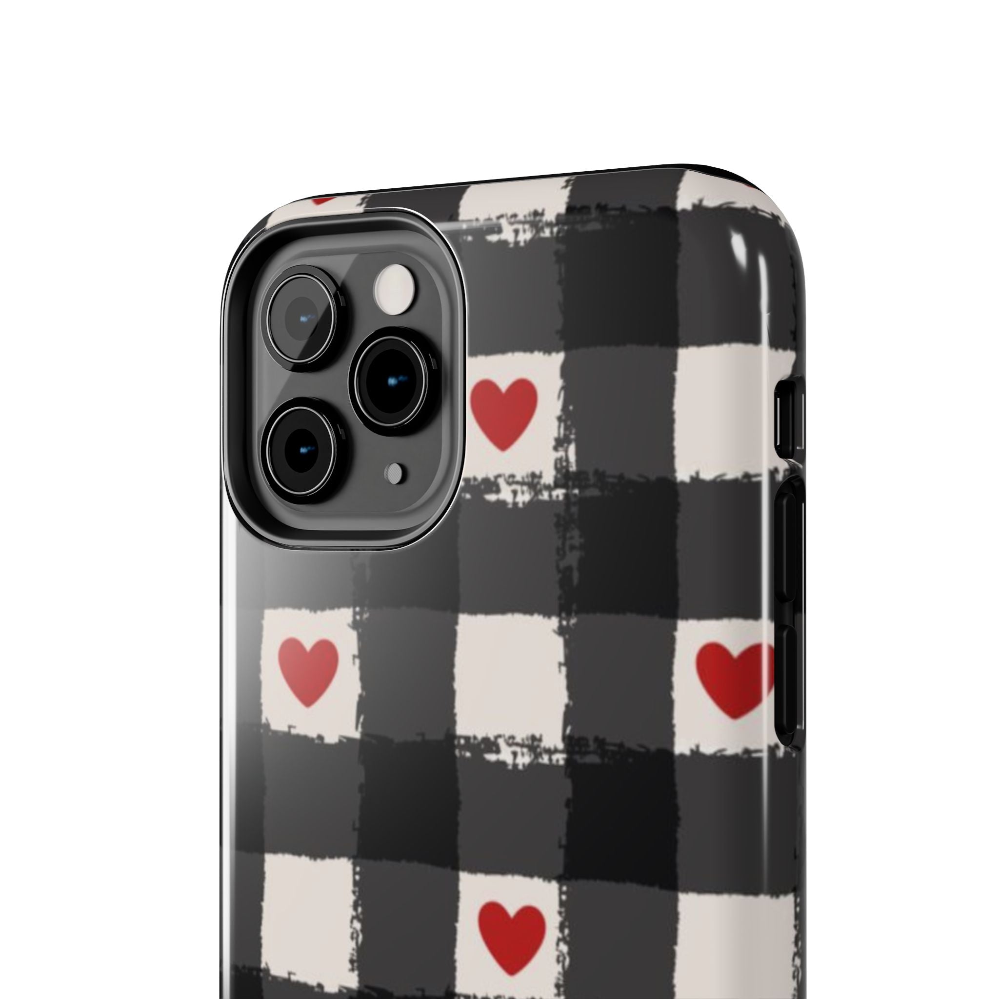 Black Buffalo Plaid Phone Case with Red Hearts