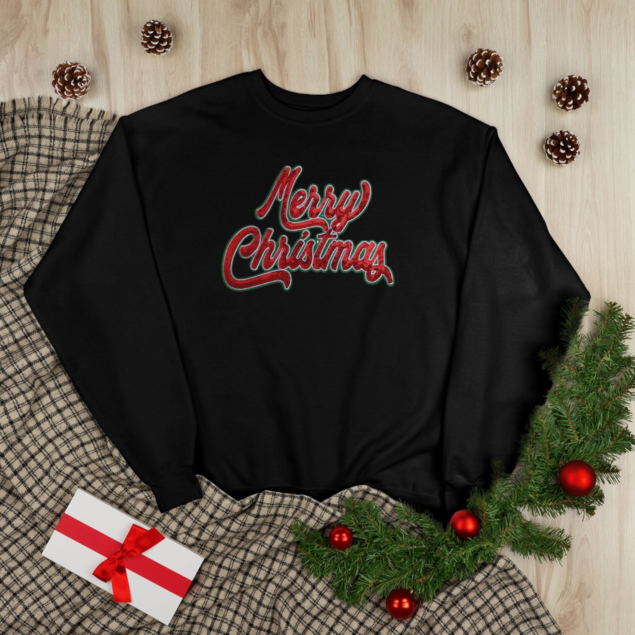 Merry Christmas Crewneck Sweatshirt — Retro Sequin Holiday Sweater
