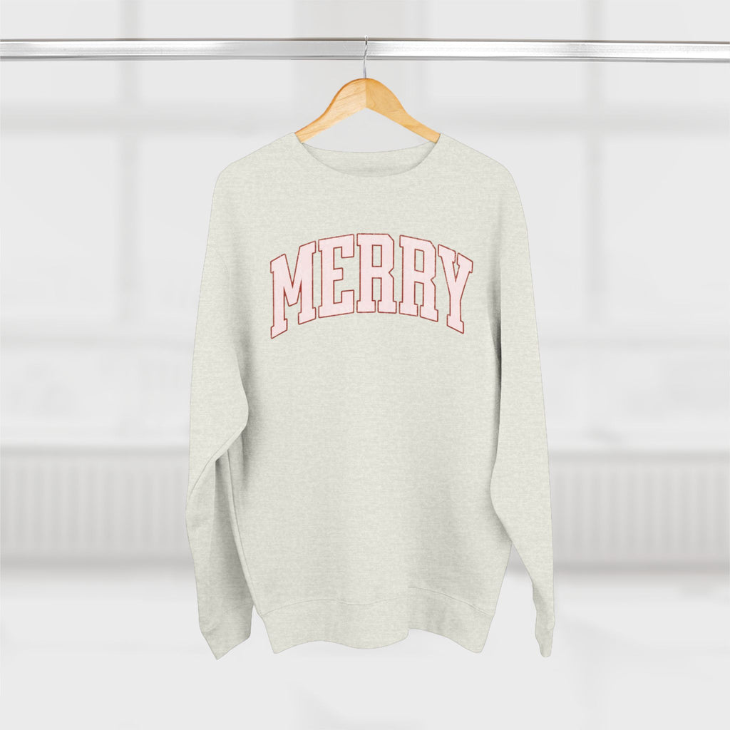 Merry Crewneck Sweatshirt — Cozy Holiday Pullover with Pink Collegiate Script