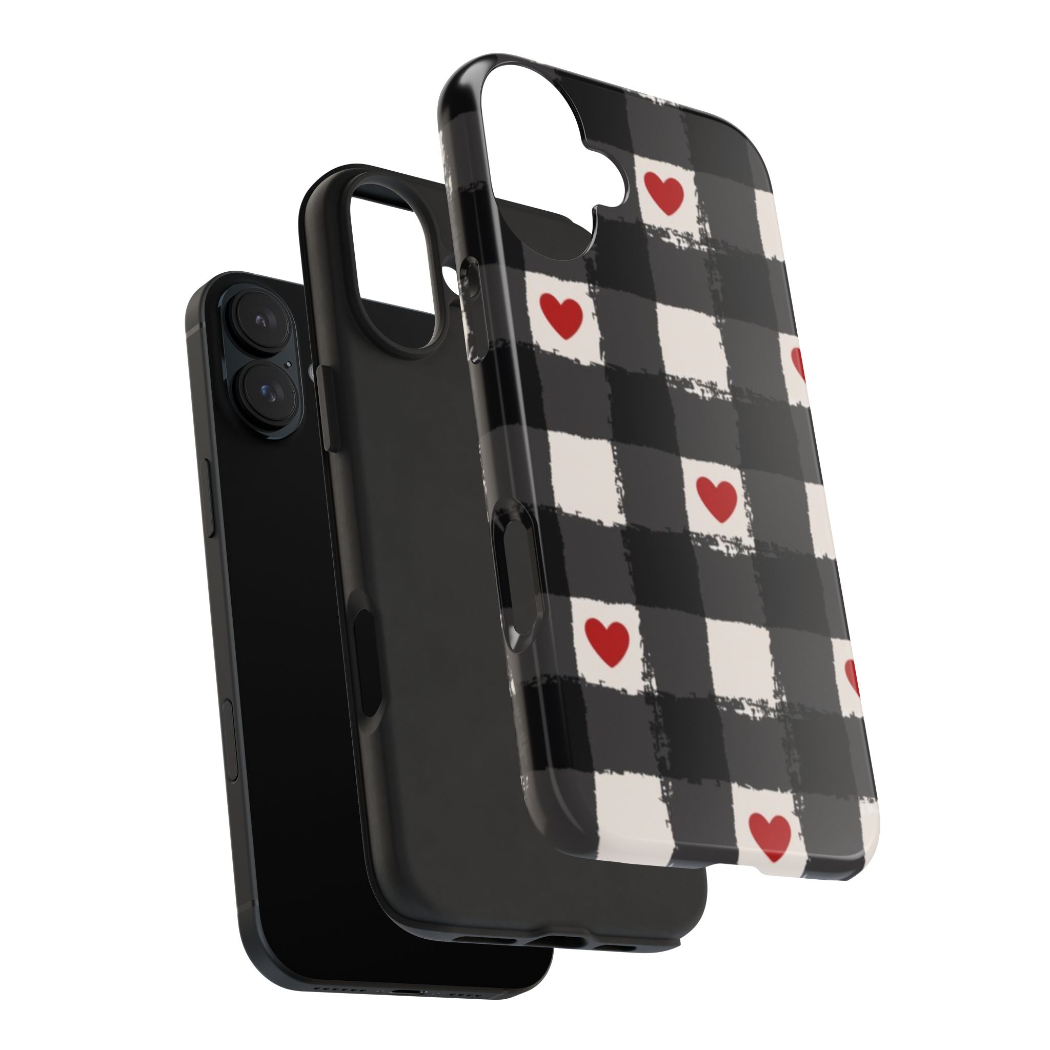 Black Buffalo Plaid Phone Case with Red Hearts