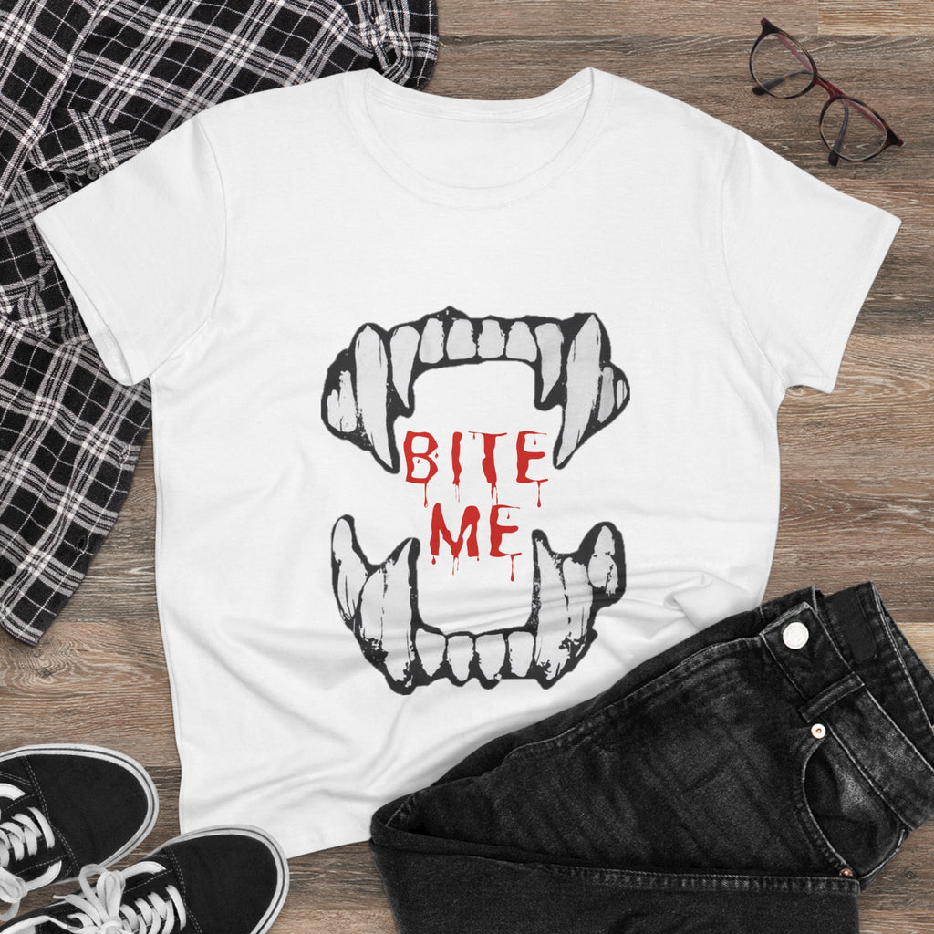 Women's Vampire Bite Tee, Halloween T-Shirt, Gothic Graphic Shirt, Cute Horror Tee, Casual Soft Cotton Top