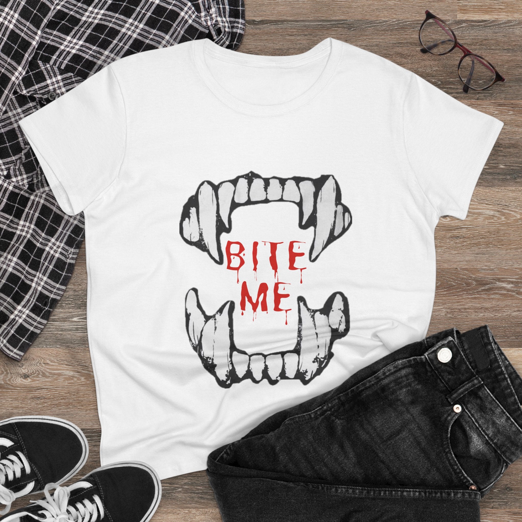 Women's Vampire Bite Tee, Halloween T-Shirt, Gothic Graphic Shirt, Cute Horror Tee, Casual Soft Cotton Top