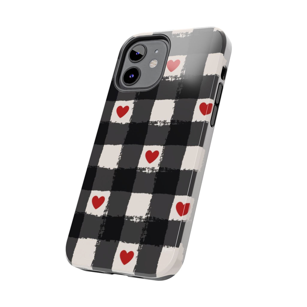 Black Buffalo Plaid Phone Case with Red Hearts