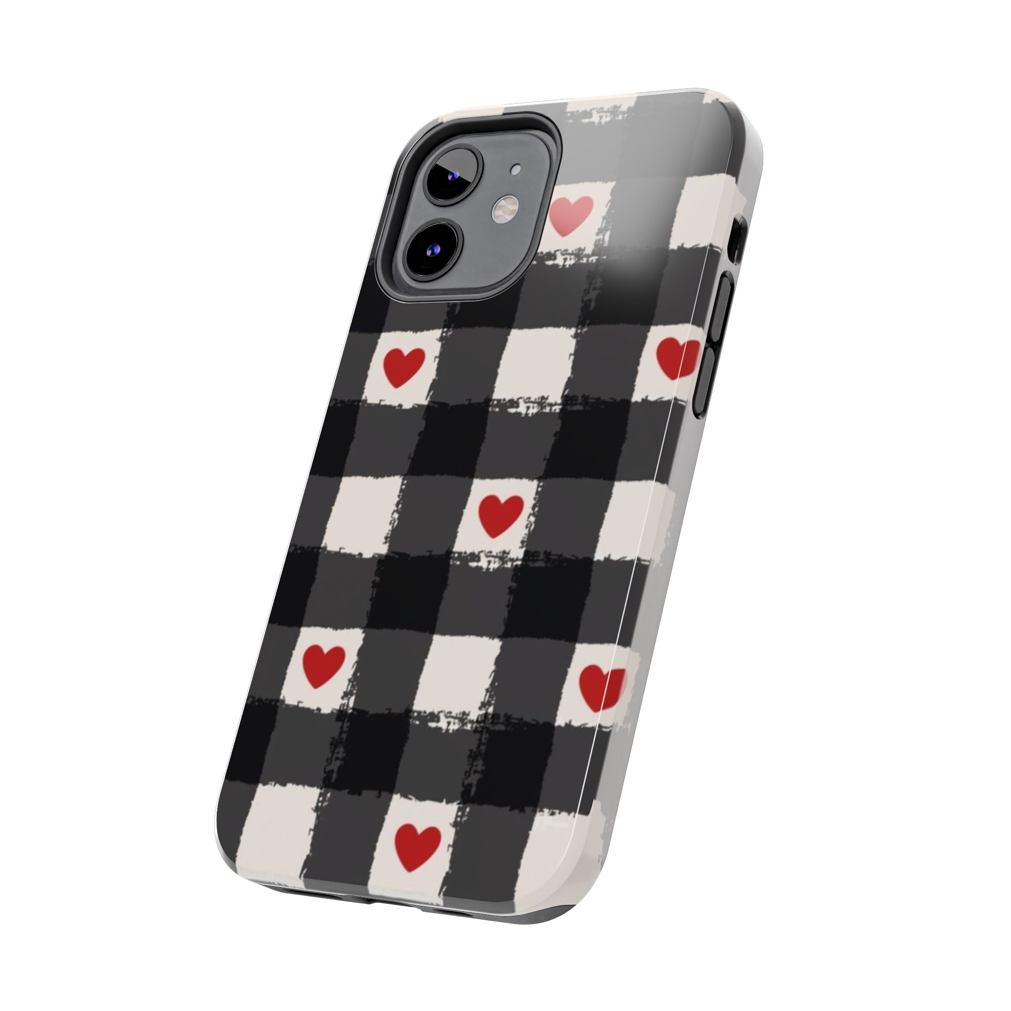 Black Buffalo Plaid Phone Case with Red Hearts
