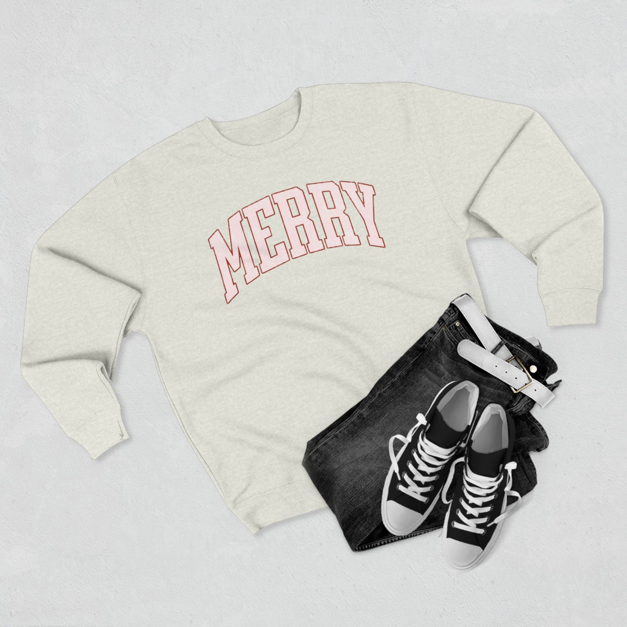 Merry Crewneck Sweatshirt — Cozy Holiday Pullover with Pink Collegiate Script