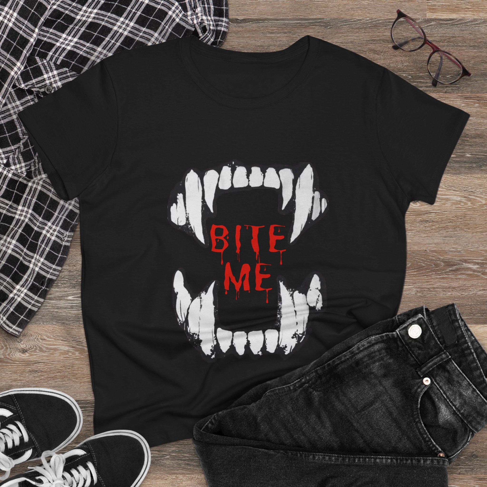 Women's Vampire Bite Tee, Halloween T-Shirt, Gothic Graphic Shirt, Cute Horror Tee, Casual Soft Cotton Top