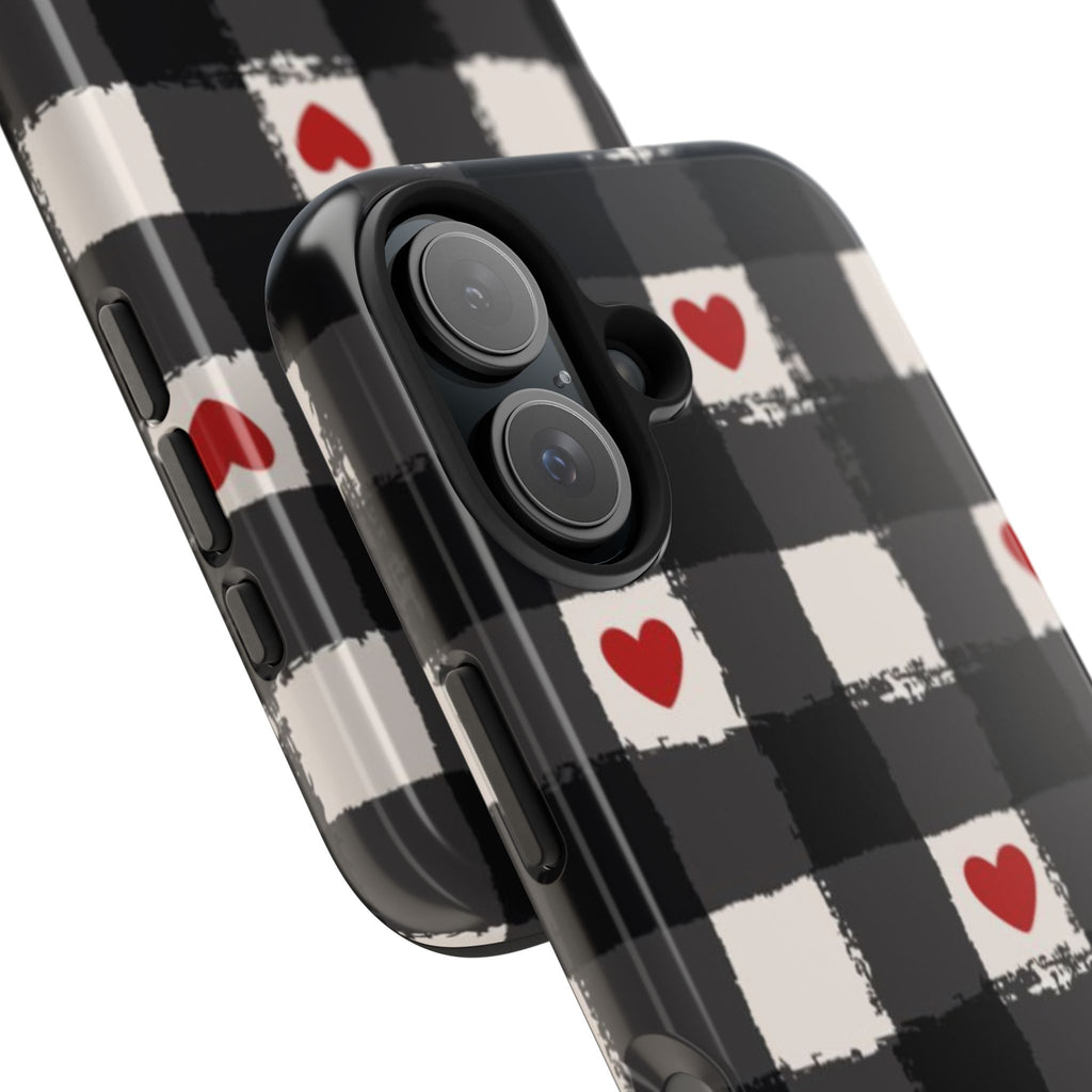 Black Buffalo Plaid Phone Case with Red Hearts