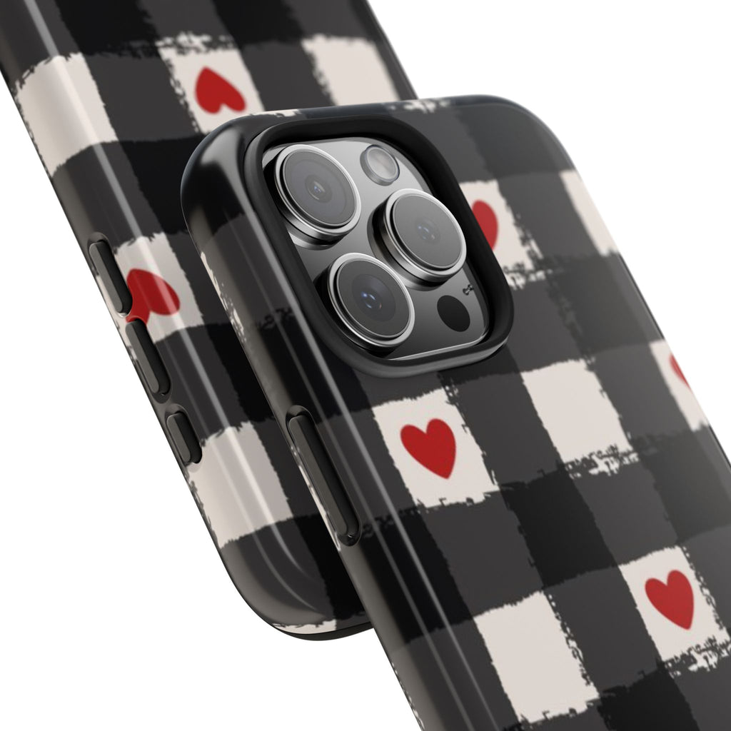 Black Buffalo Plaid Phone Case with Red Hearts
