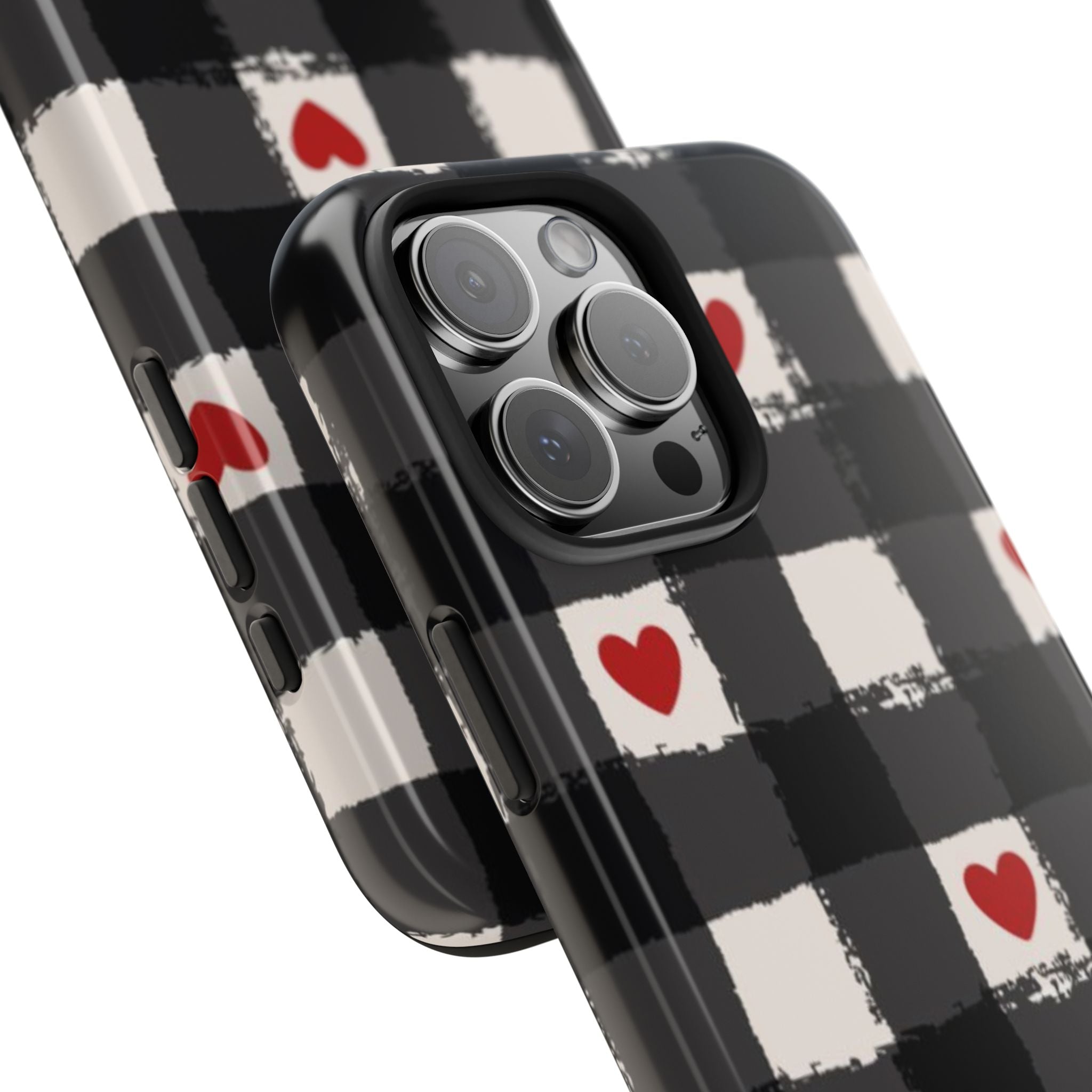 Black Buffalo Plaid Phone Case with Red Hearts