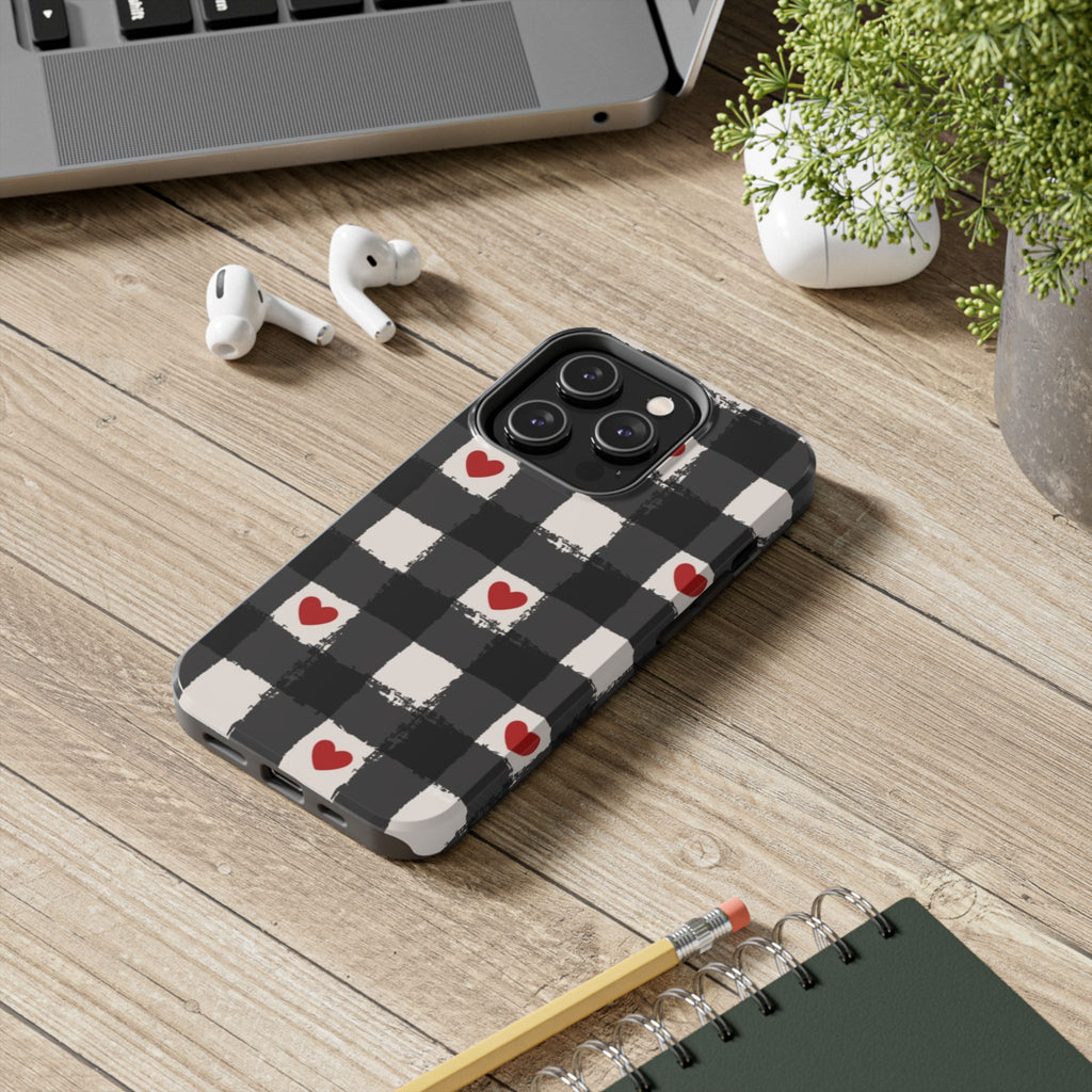 Black Buffalo Plaid Phone Case with Red Hearts