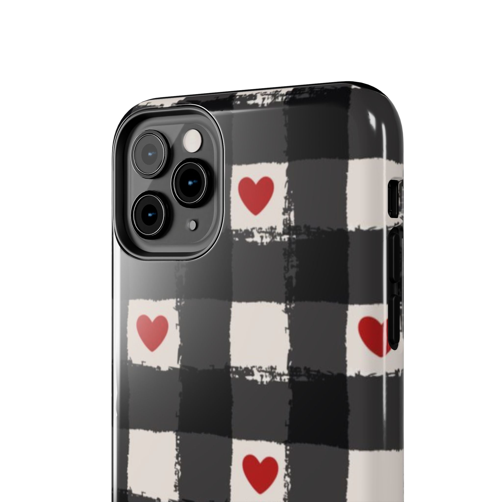 Black Buffalo Plaid Phone Case with Red Hearts