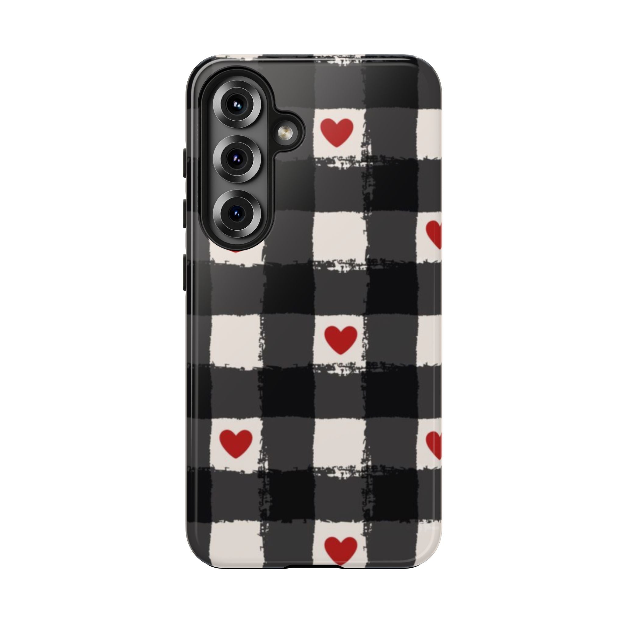 Black Buffalo Plaid Phone Case with Red Hearts