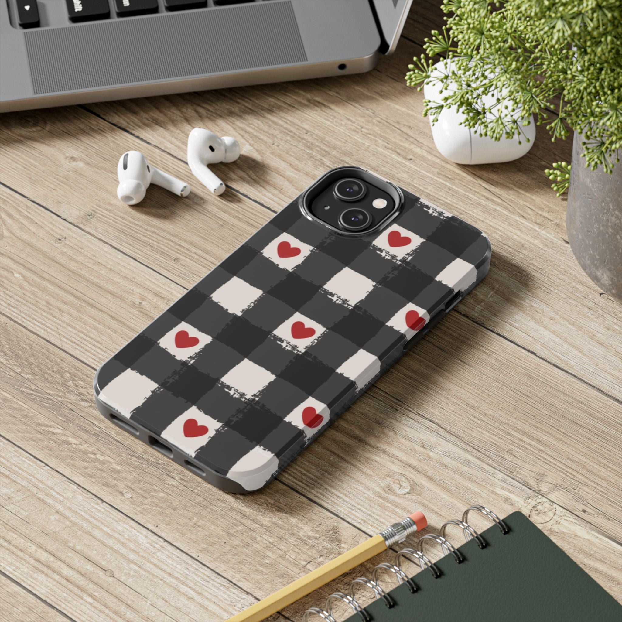 Black Buffalo Plaid Phone Case with Red Hearts