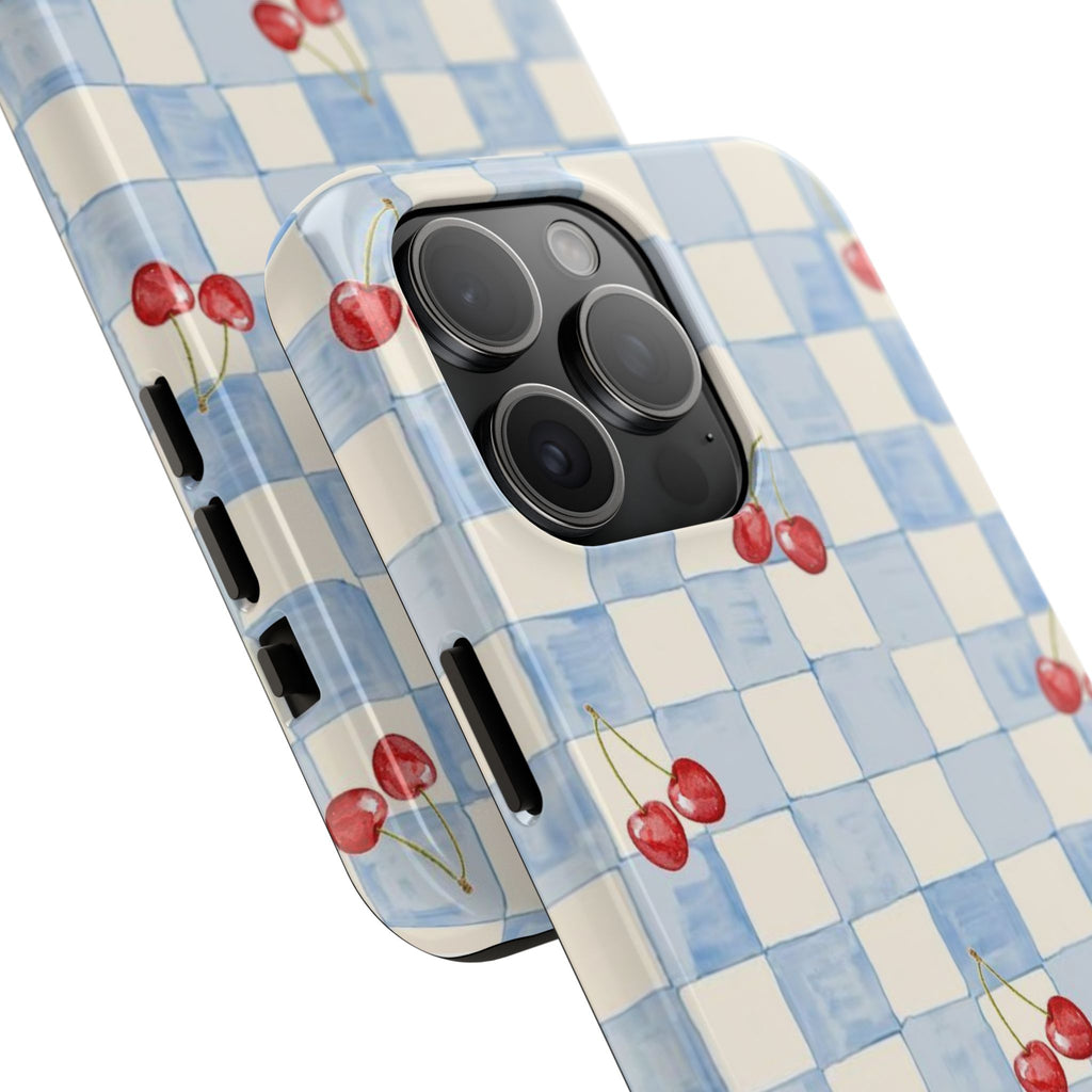 Retro Blue Plaid Cherry Pattern Phone Case