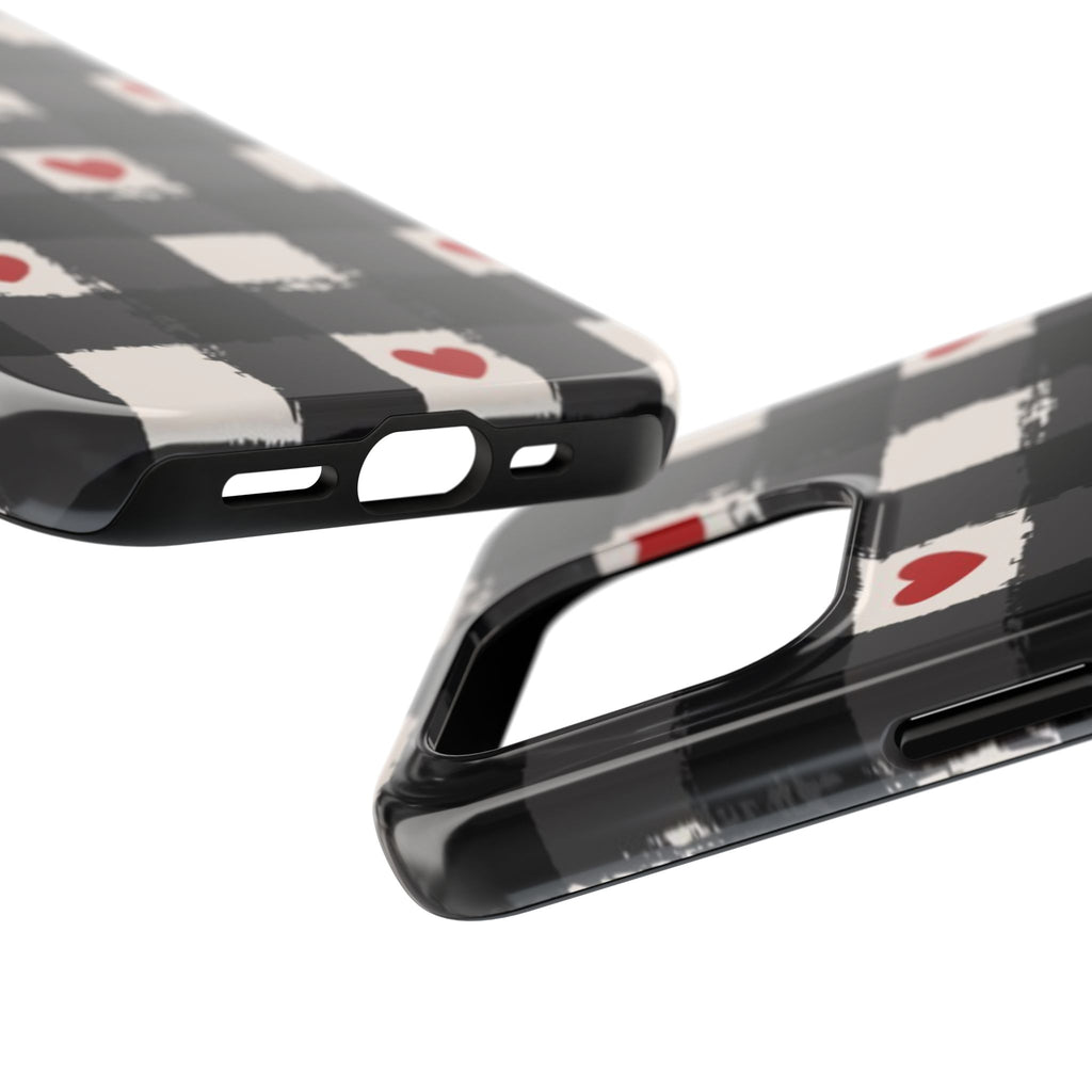 Black Buffalo Plaid Phone Case with Red Hearts