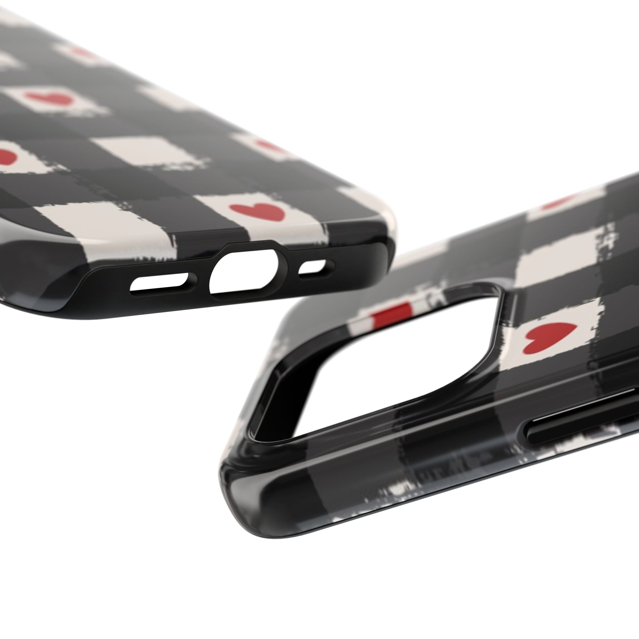 Black Buffalo Plaid Phone Case with Red Hearts