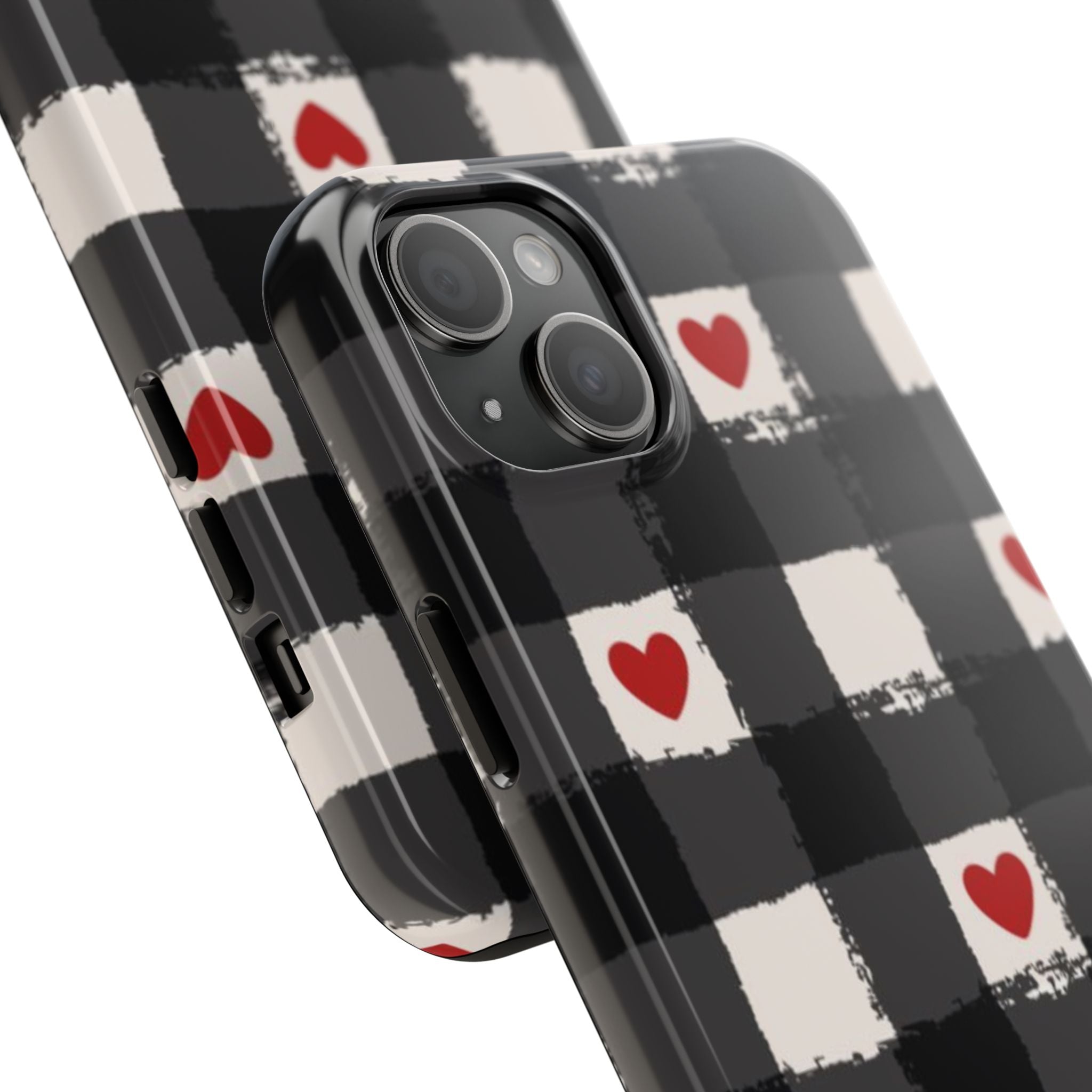 Black Buffalo Plaid Phone Case with Red Hearts