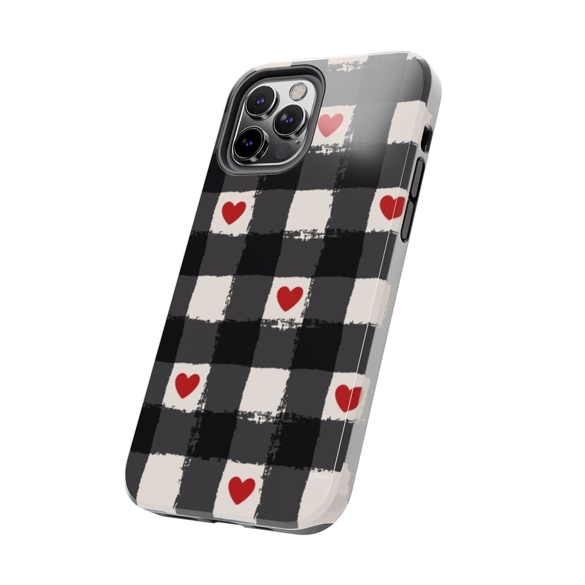Black Buffalo Plaid Phone Case with Red Hearts