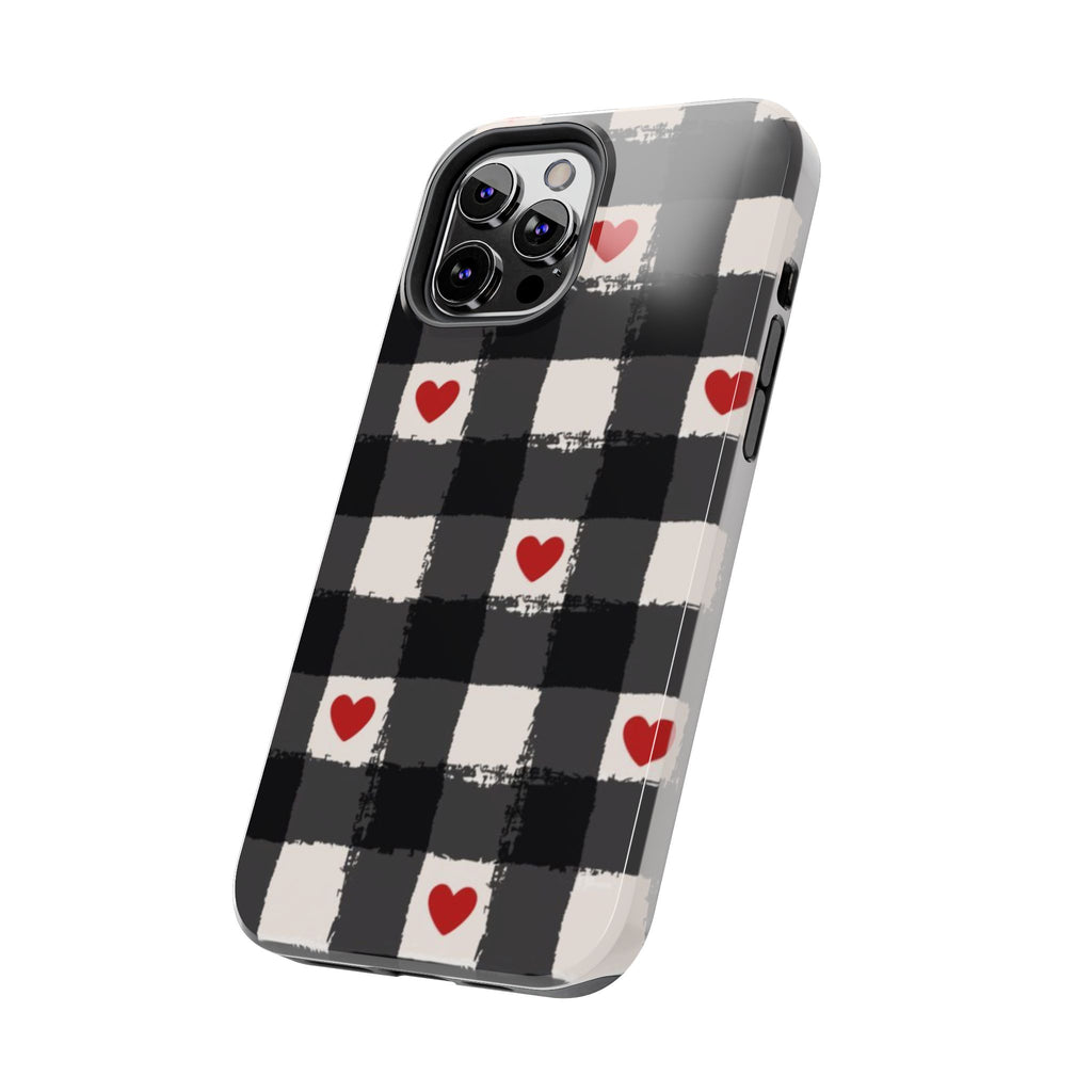 Black Buffalo Plaid Phone Case with Red Hearts