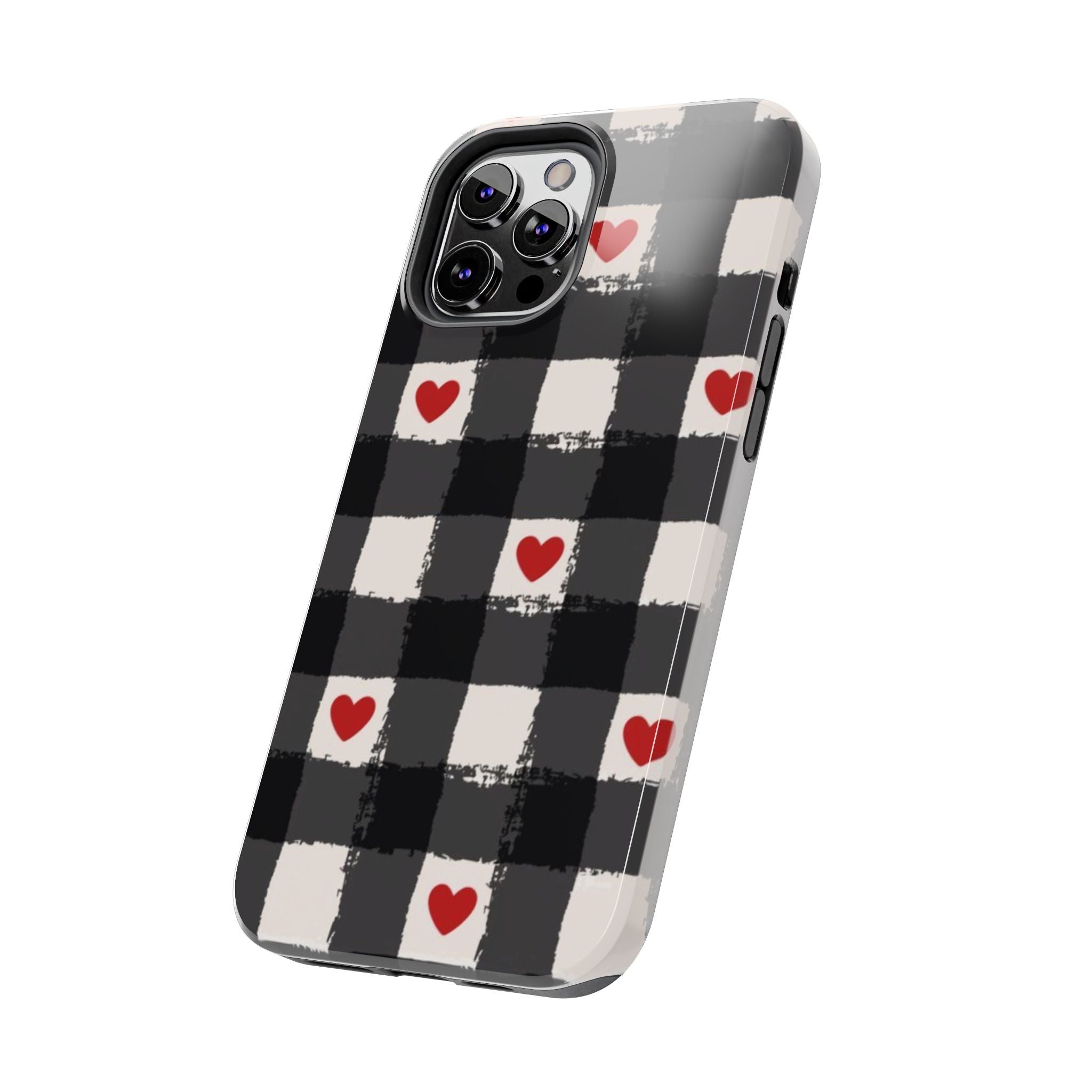 Black Buffalo Plaid Phone Case with Red Hearts