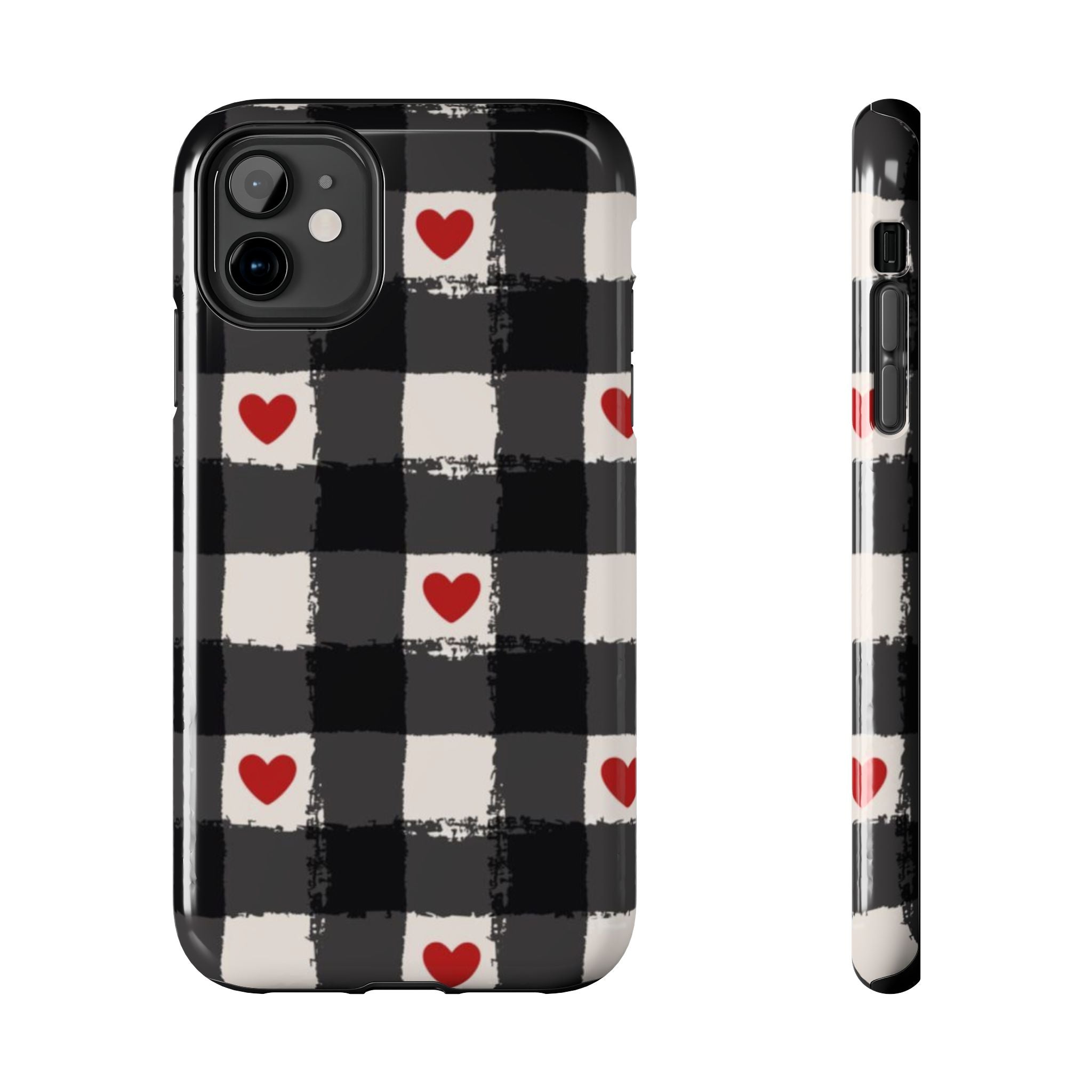 Black Buffalo Plaid Phone Case with Red Hearts