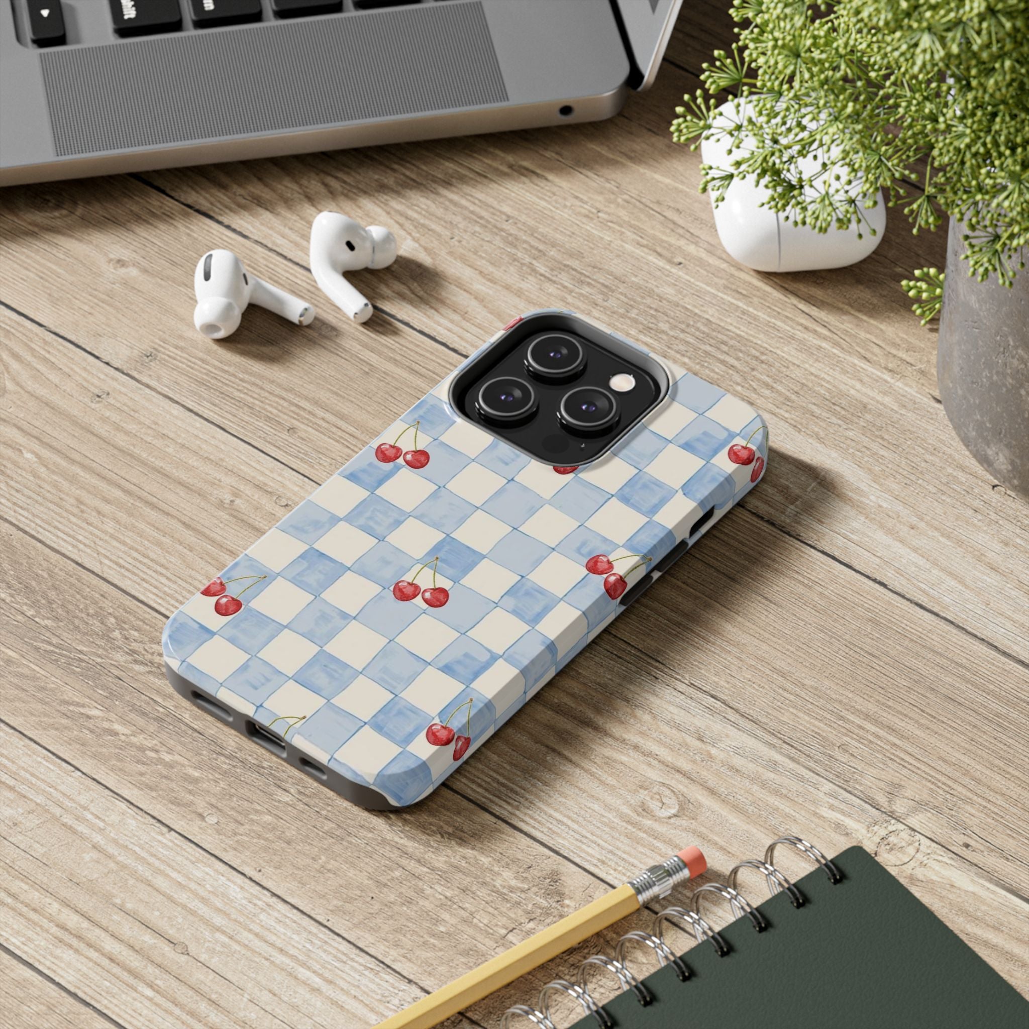 Retro Blue Plaid Cherry Pattern Phone Case