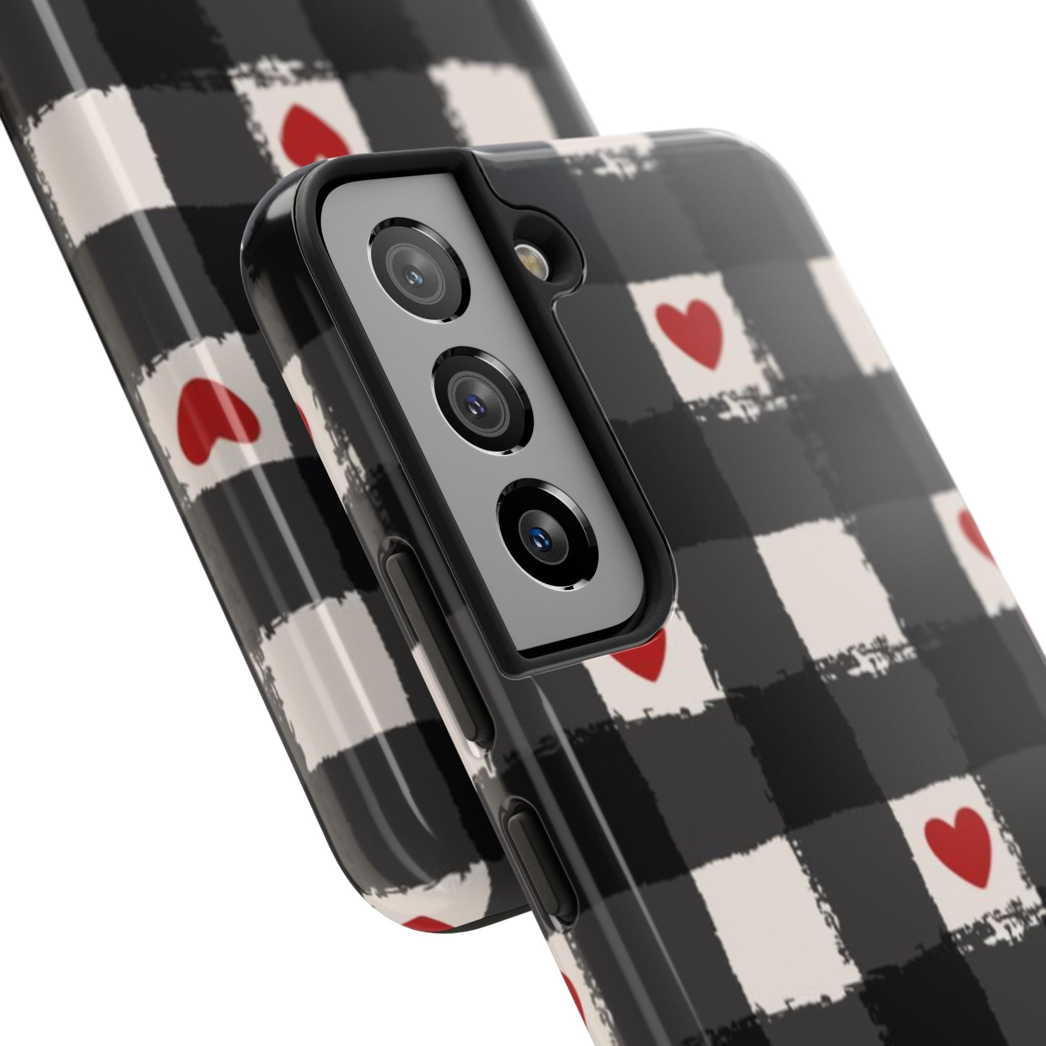Black Buffalo Plaid Phone Case with Red Hearts