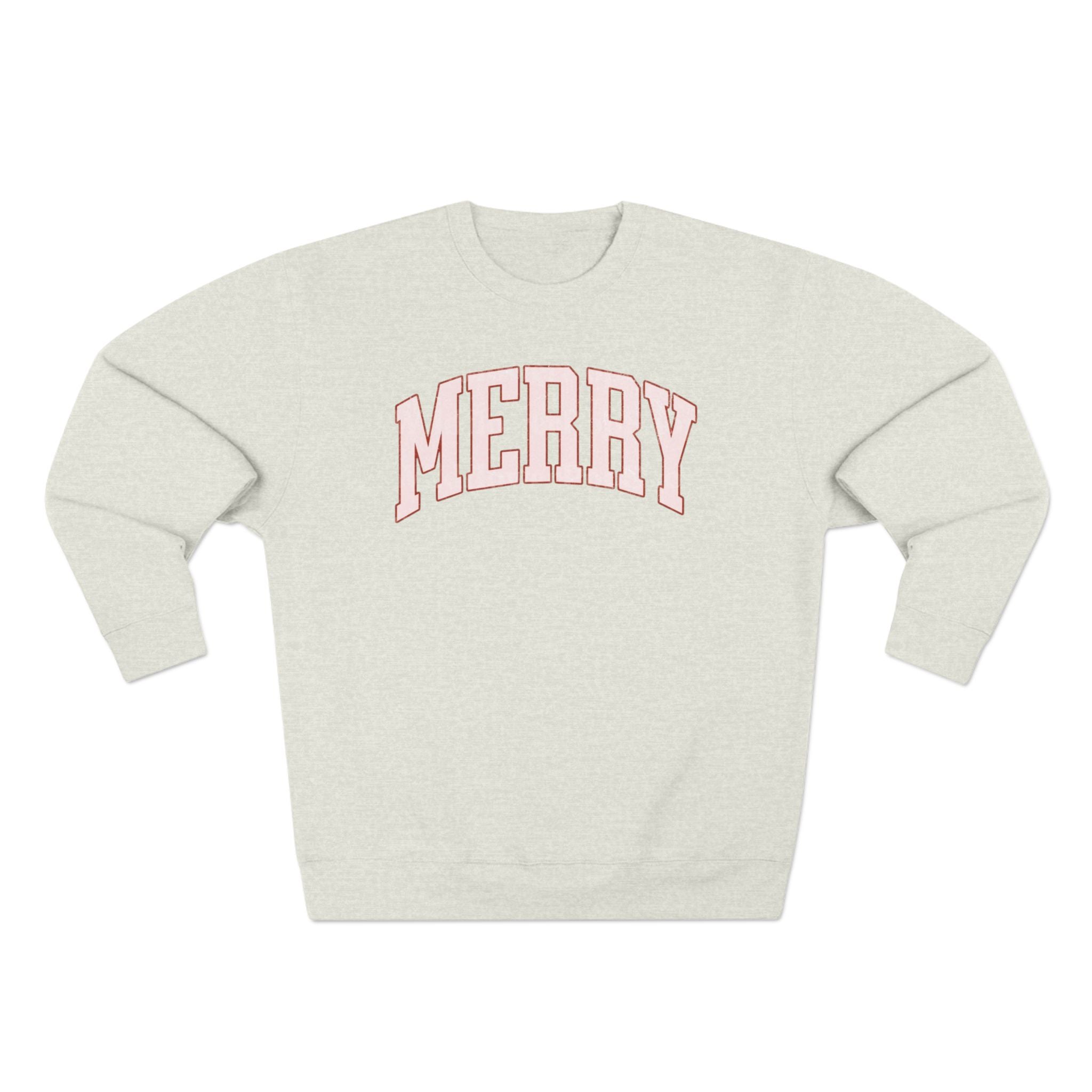 Merry Crewneck Sweatshirt — Cozy Holiday Pullover with Pink Collegiate Script