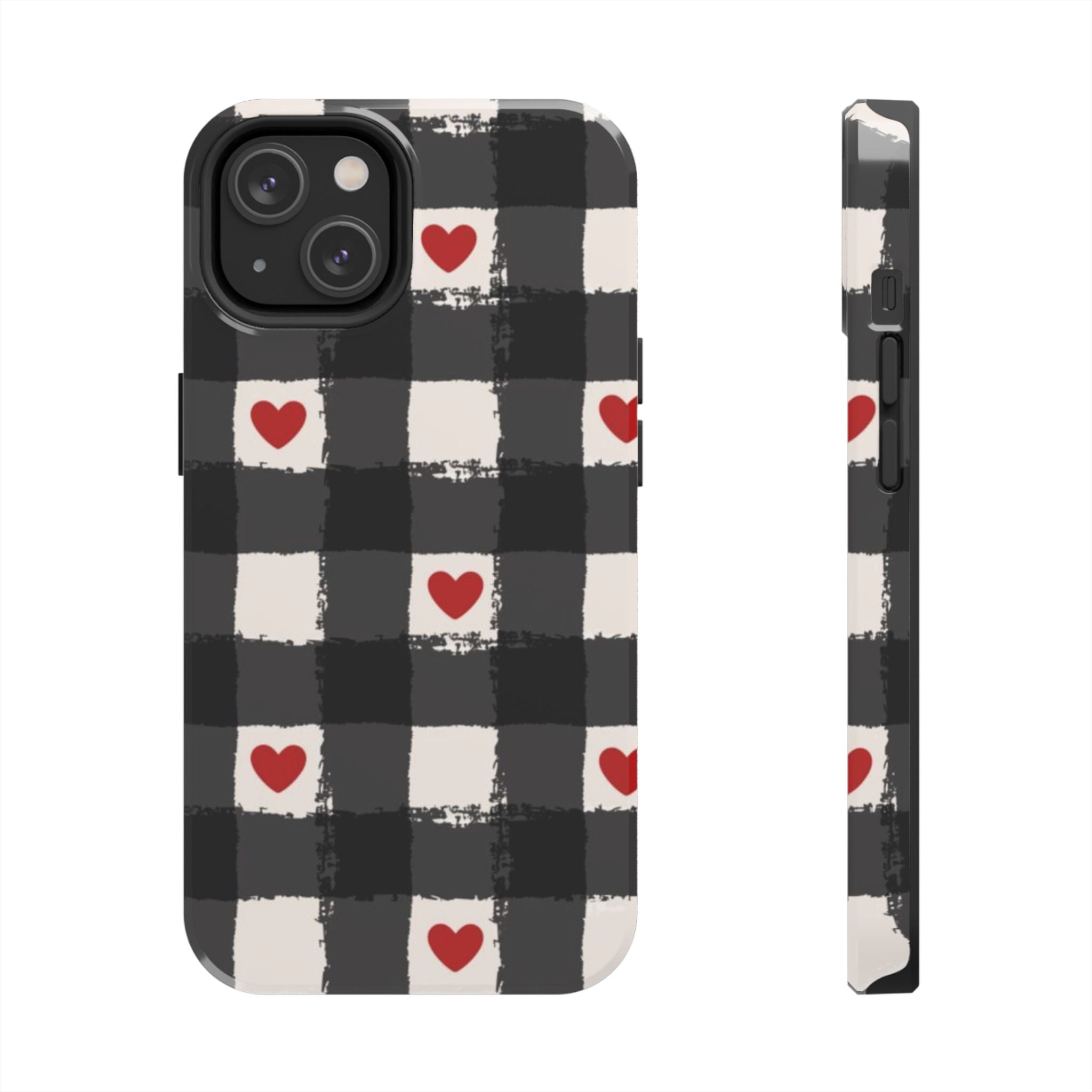 Black Buffalo Plaid Phone Case with Red Hearts