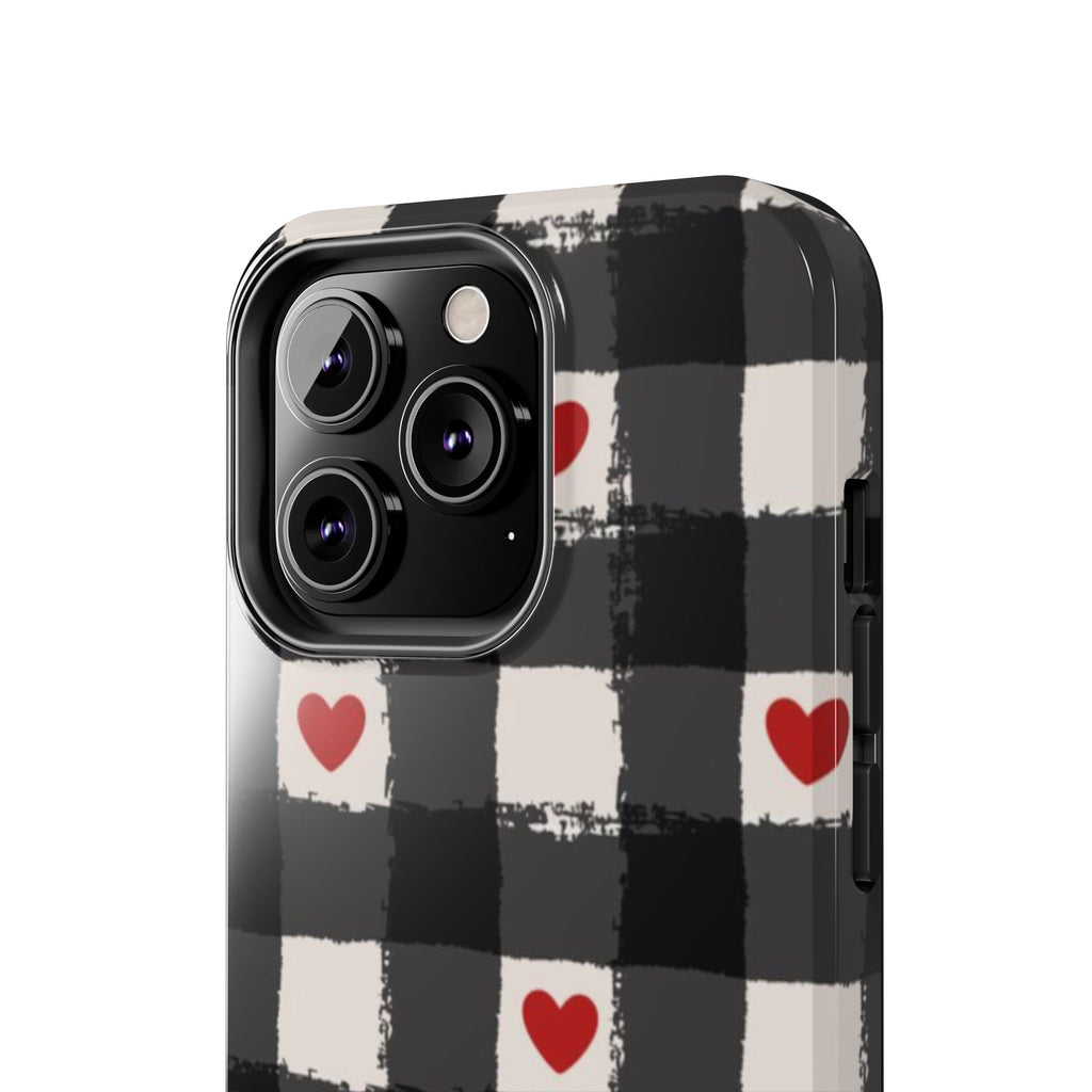 Black Buffalo Plaid Phone Case with Red Hearts